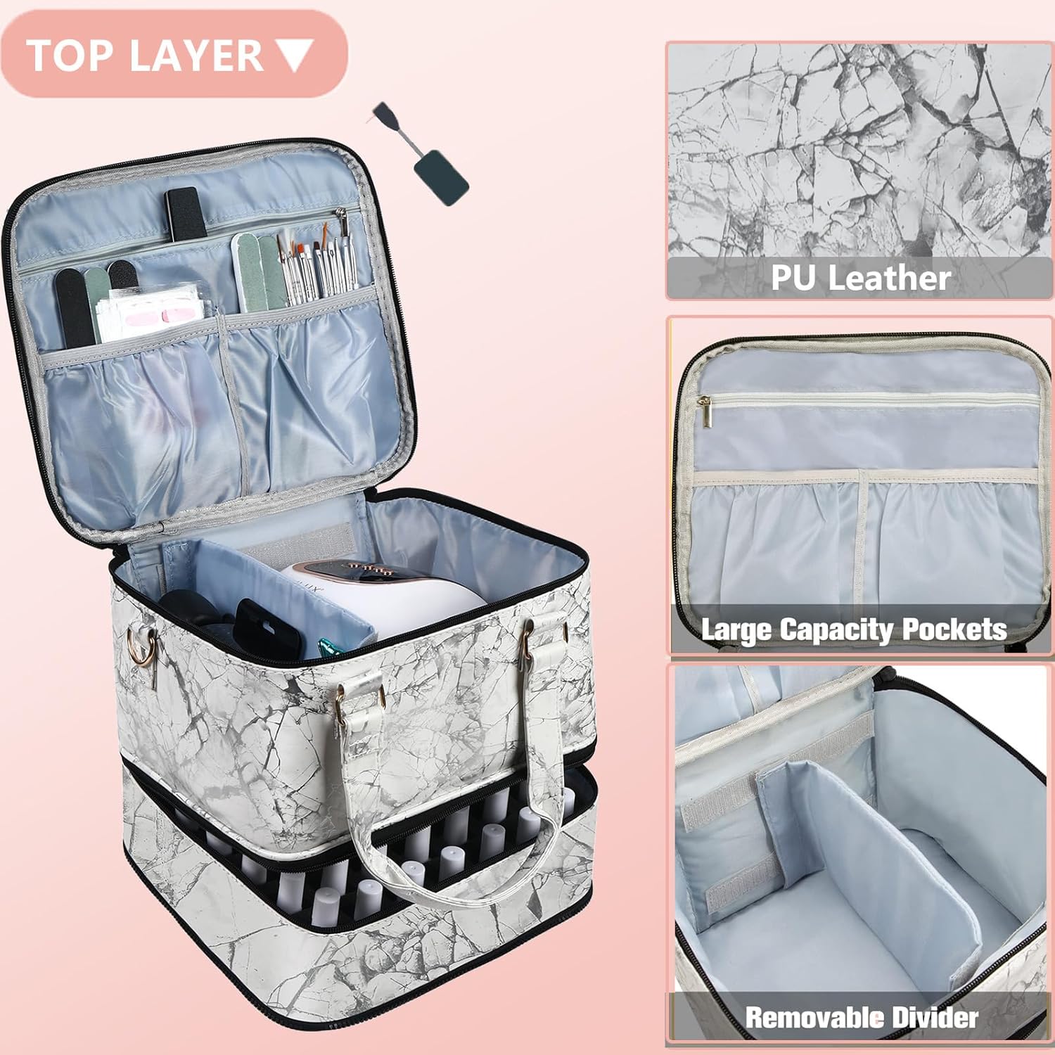 Nail Polish Organizer Bag with Travel Case for 30+ Bottles & Nail Lamp - Purple