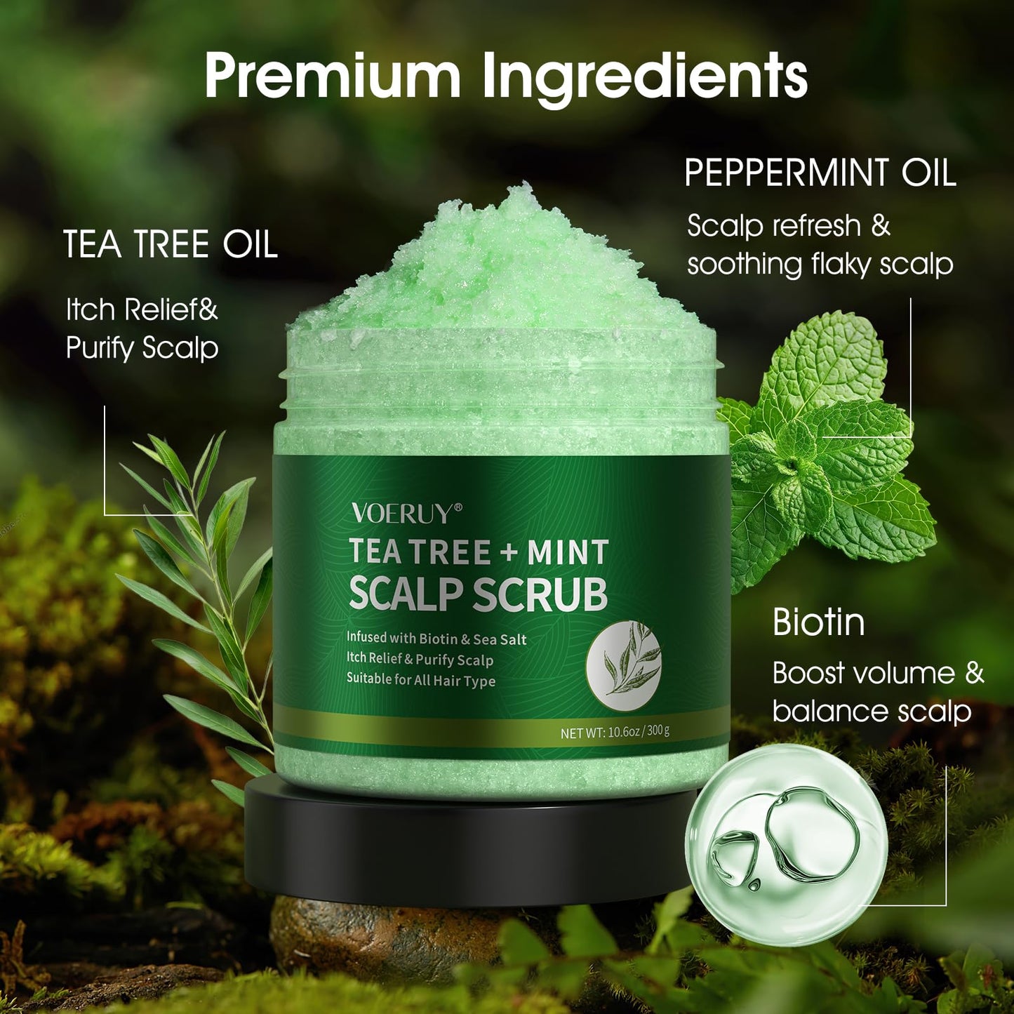 VOERUY Scalp Scrub, Tea Tree Scalp Exfoliator Scrub Shampoo, 2-in-1 Scalp Treatment with Mint Oil, Hair Treatment to Clarify and Remove Build up with Silicone Scalp Massager, 10.6oz/300g
