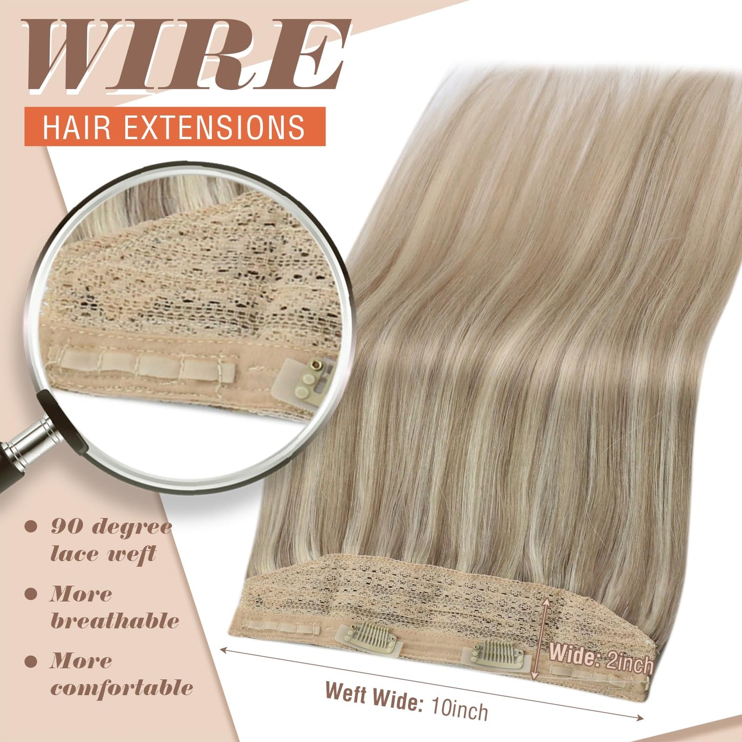 Sunny Wire Hair Extensions Real Human Hair Fish Line Human Hair Extensions Invisible Wire Extensions Golden Blonde with Medium Blonde Highlights #16/22 18 Inch