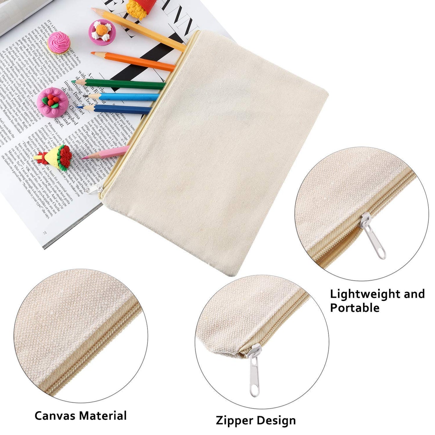 16 Pack Canvas Makeup Bags - Blank Zipper Pouches for DIY Crafts & Travel Toiletry Storage (Beige)