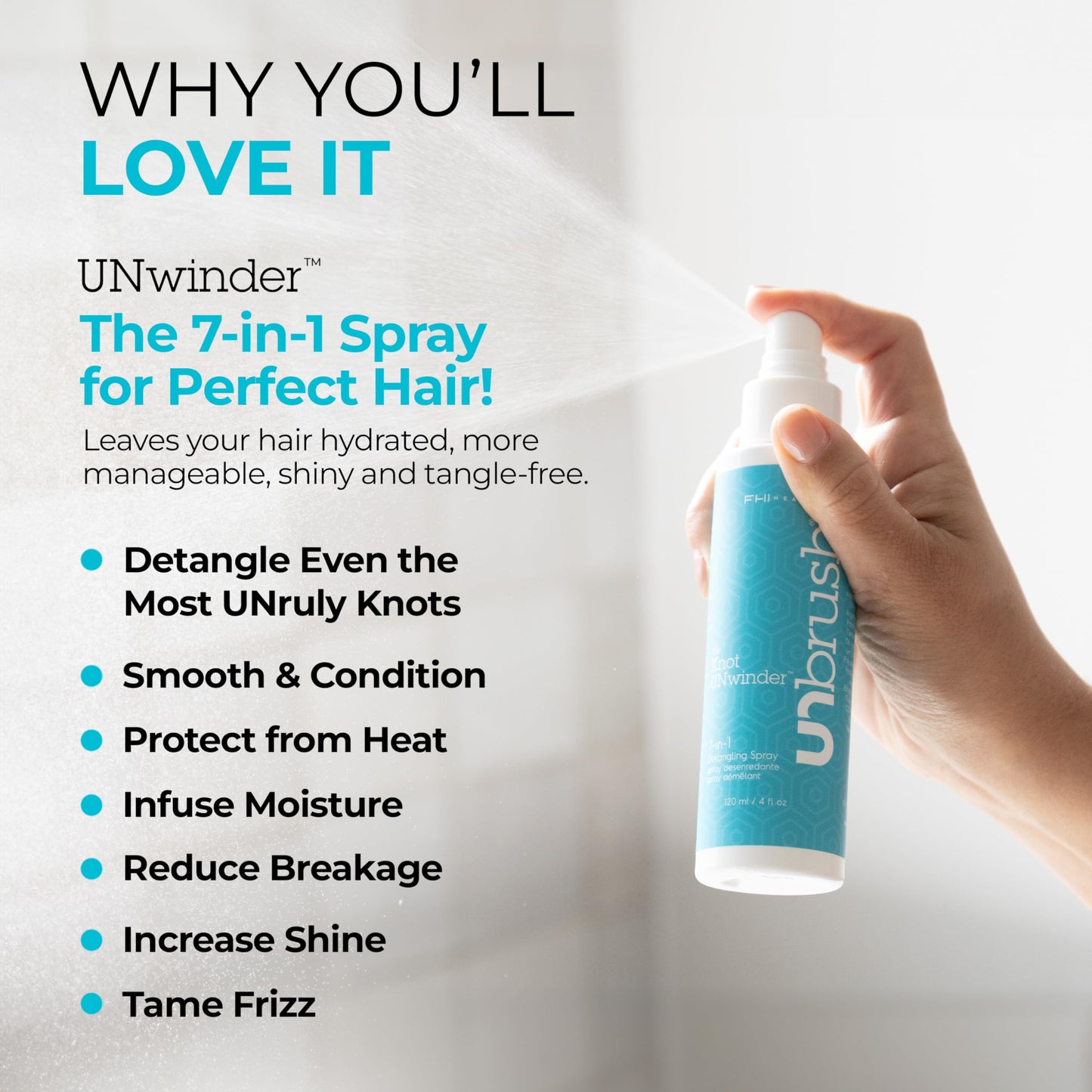 FHI Heat The Knot UNwinder Detangler Spray — 7-in-1 Hair Care for Smooth, Tangle-Free Hair — UNbrush Detangling Spray w/Heat Protection, Frizz Control, Conditioning, Enhanced Shine, Moisture