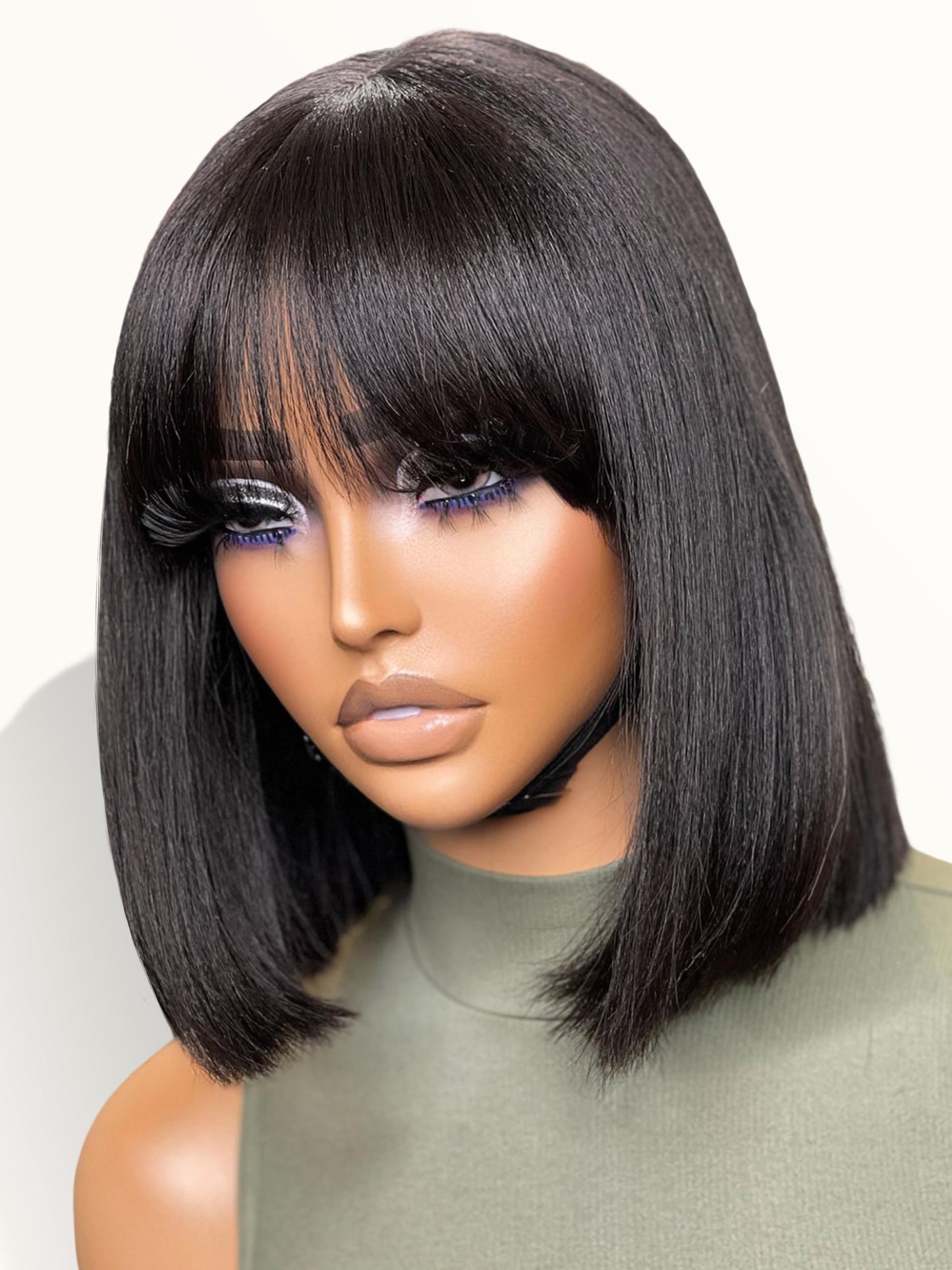 LUVME HAIR 10 Inch Light Yaki Straight Bob Wig with Bangs Human Hair Realistic HD Lace Short Black Bob Wigs, Ready to Go Blunt Cut Bob Wig Glueless 180 Density