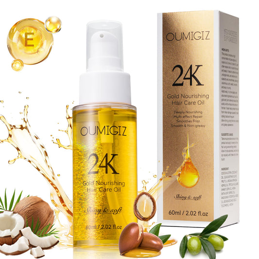24K Gold Hair Oil, Repair Shine Serum with Coconut, Argan & Olive Oils - Heat Protectant and Frizz Control - Vegan, Lightweight Leave-In Treatment for Dry Damaged Hair (2.02 Fl Oz (Pack of 1))