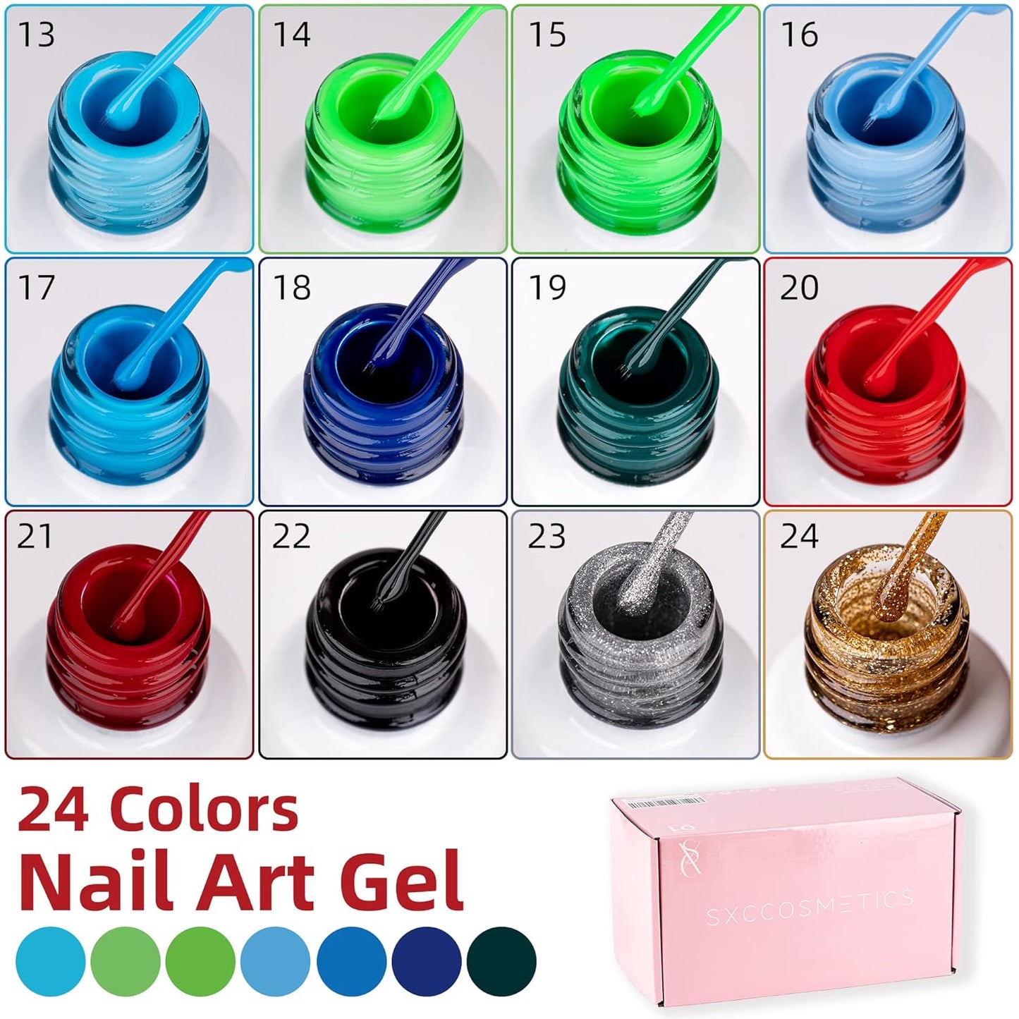24-Color Gel Liner Set for Nail Art - SXC Cosmetics with Thin Brush for Swirl Designs