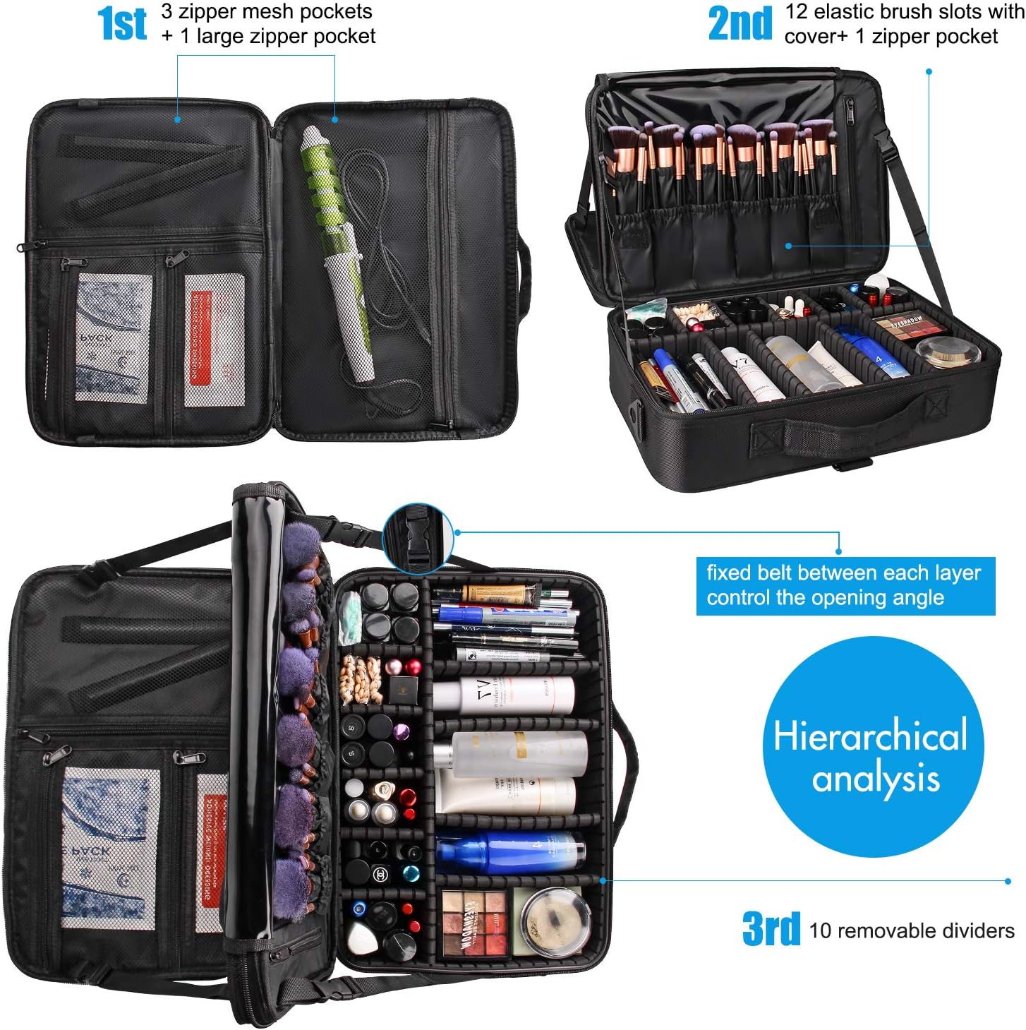 Relavel Portable Travel Makeup Case Organizer with Adjustable Dividers - Black Cosmetic Storage for Brushes, Toiletries & Jewelry