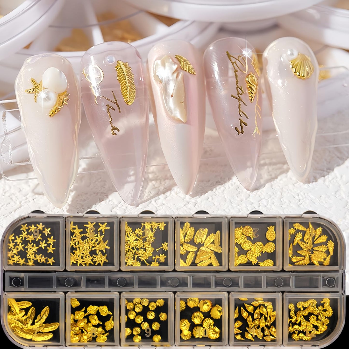 3D Metal Nail Art Studs Mixed Shapes Gold Shell Seahorse Starfish Conch Alloy Nail Rivets Seashell Starfish Nail Rhinestones Ocean Theme Designs Summer Beach DIY Crafts Manicure Decoration 12 Grids