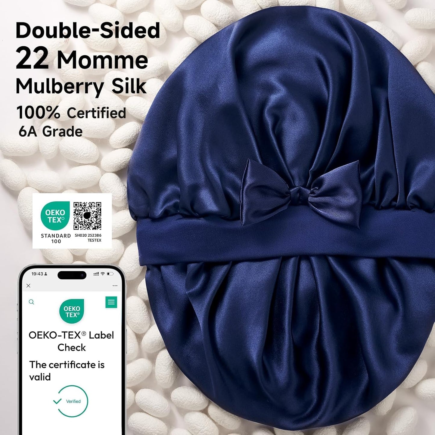 22 Momme Mulberry Silk Bonnet for Women - Double-Sided Non-Slip Sleep Cap for Long Curly Hair, Adjustable Band, Ebony
