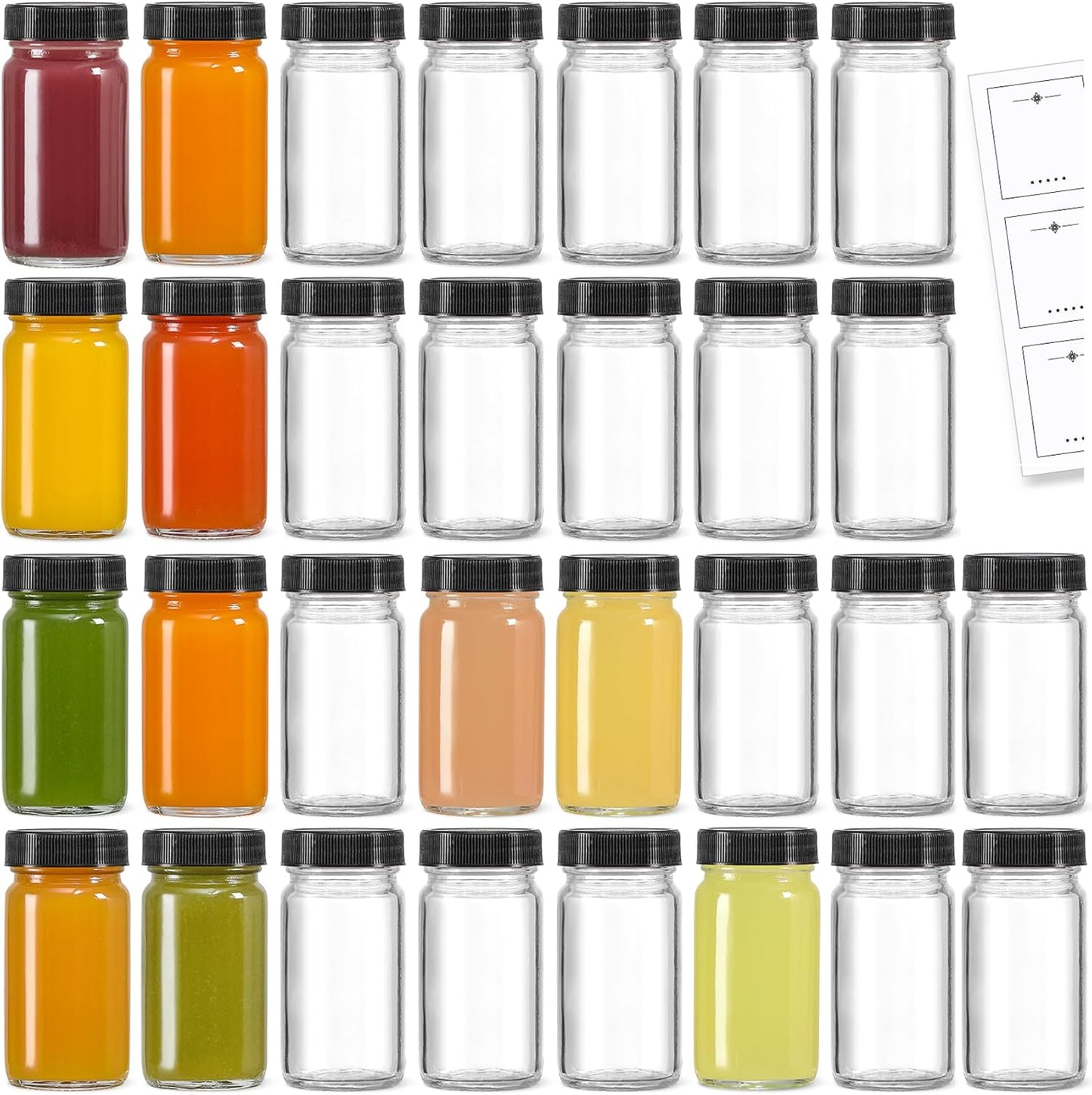 20 Pack Mini Glass Shot Bottles 2 oz with Lids & Labels - Leakproof Travel Jars for Juice, Whiskey, Wellness Shots