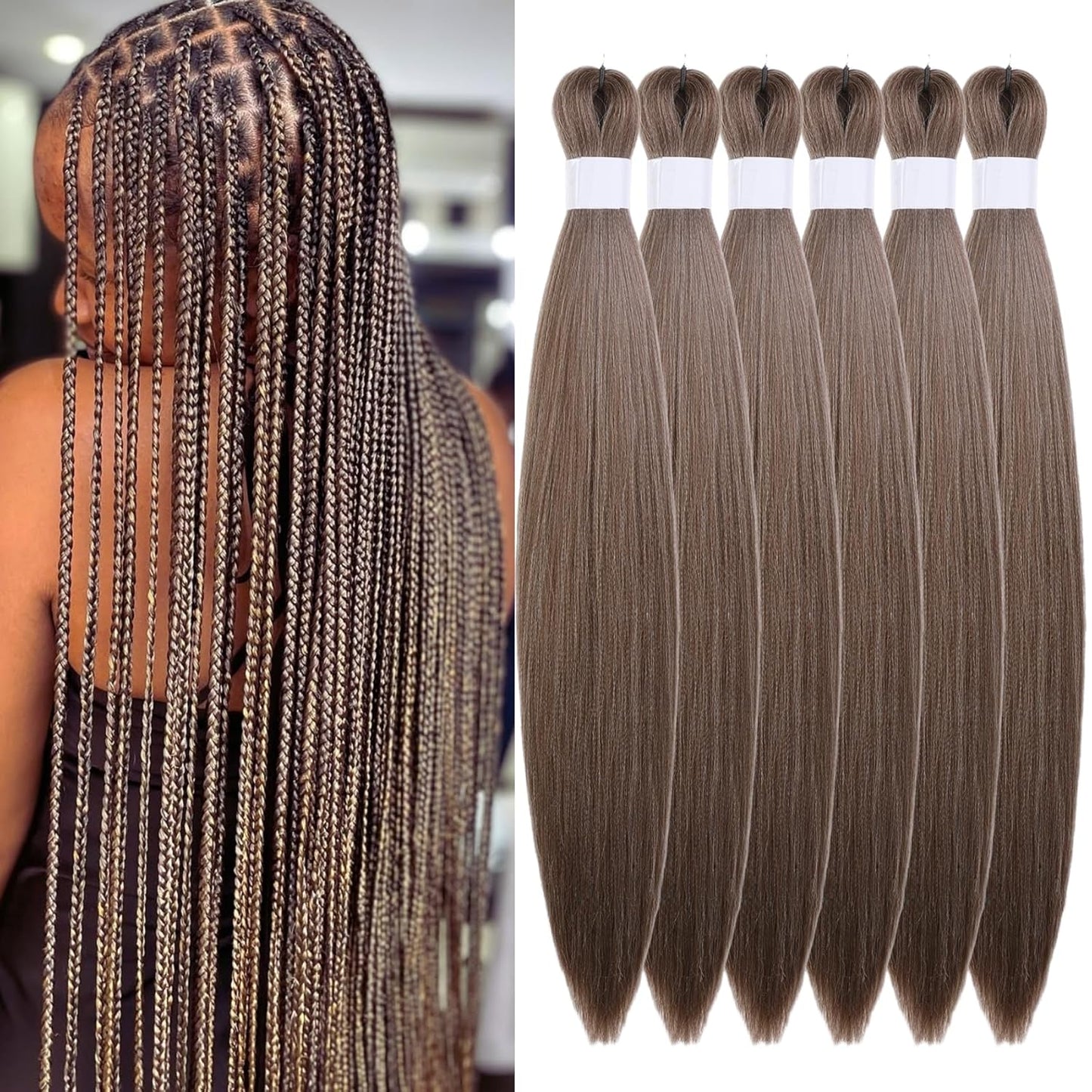 Ash Brown Pre-Stretched Knotless Braiding Hair Extensions - 6 Packs Synthetic Box Braids