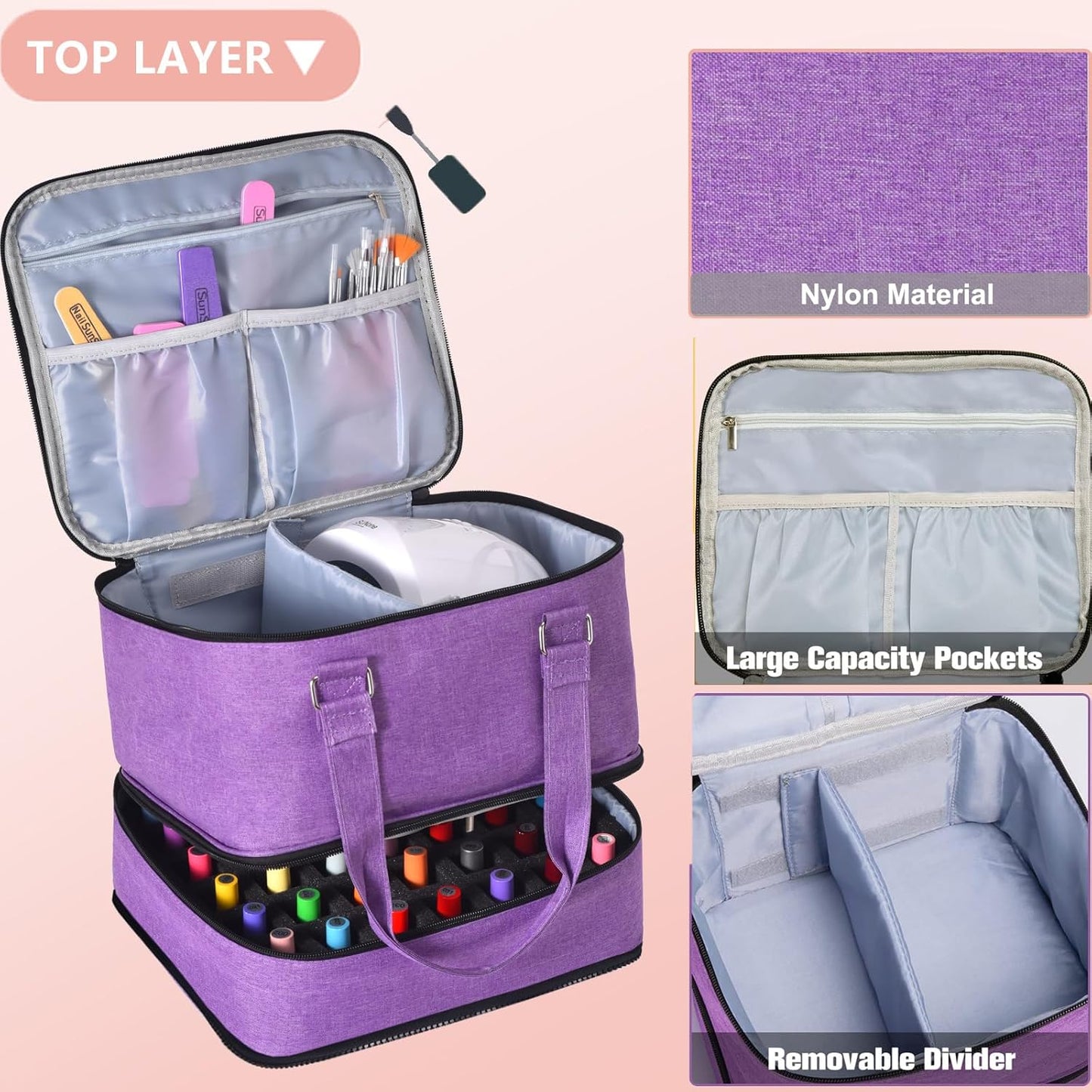 Nail Polish Organizer Bag with Travel Case for 30+ Bottles & Nail Lamp - Purple