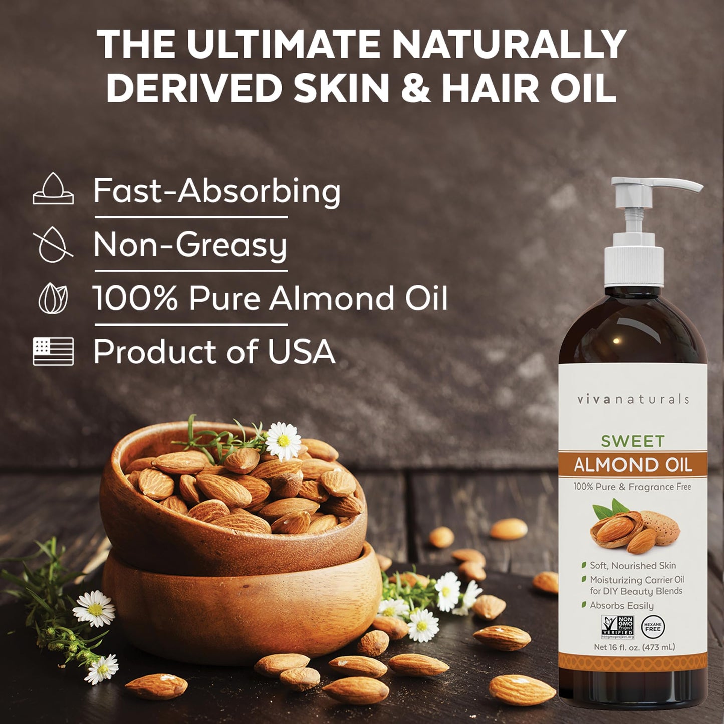Viva Naturals Sweet Almond Oil for Skin - Body Oil, Hair Moisturizer and Relaxing Massage and Oil, Carrier Oil for Essential Oils Mixing, Non-Greasy Pure Sweet Almond Oil for Hair and Skin, 16 fl oz