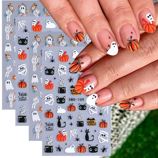 4 Sheets Halloween Nail Stickers for Nail Art Scary Black Cat Mummy Spider Web Nail Art Stickers 5D Spider Pumpkin Nail Decals Self-Adhesive Ghost Skeleton Nail Supplies for Women Nails Decoration