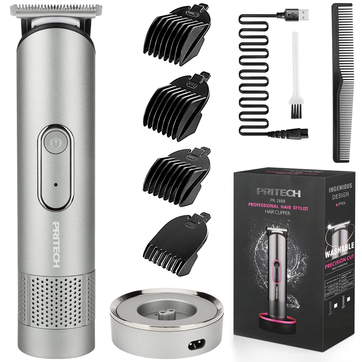 PRITECH Beard Trimmer for Men - Rechargeable Men's Electric Trimmer & Razor, Cordless Body Groomer for Face, Neck, Groin & Manscaping, Includes Standing Charging Dock, Ideal Gift for Men, Gray