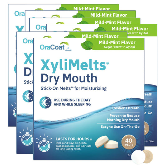 Oracoat XyliMelts for Dry Mouth Night Time or Day - Moisturizing Dry Mouth Adhering Discs, Sugar Free with Xylitol, 40 Count - 6 Pack, Mild Mint Flavor, 8-Hour Relief
