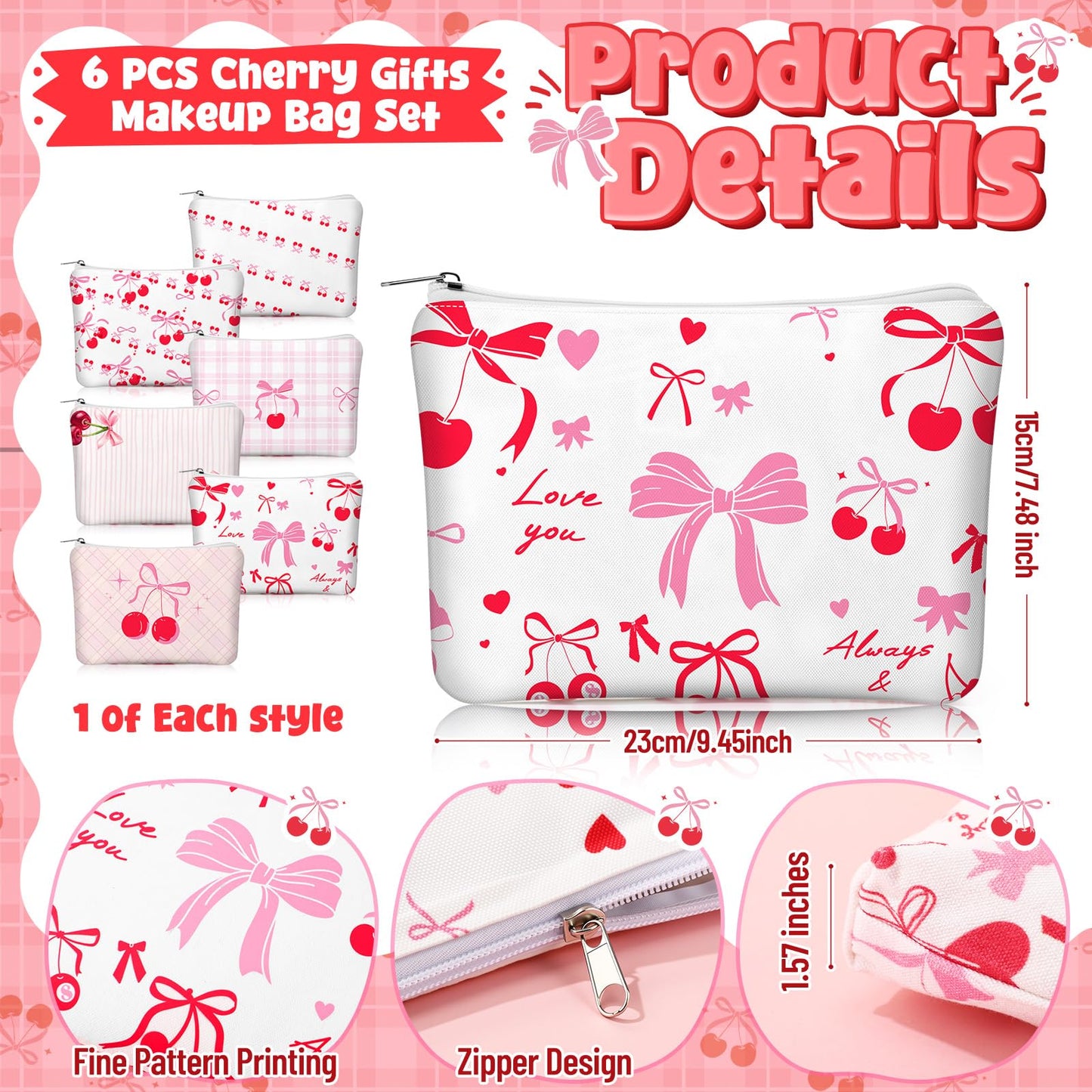 Kacctyen 6 Pcs Pink Cherry Bow Coquette Makeup Bag Cute Cherry Bow Canvas Cosmetic Bag for Women Girly Preppy Makeup Bag with Zipper Aesthetic Travel Stuff Small Pouch Gift for Birthday Party Favor