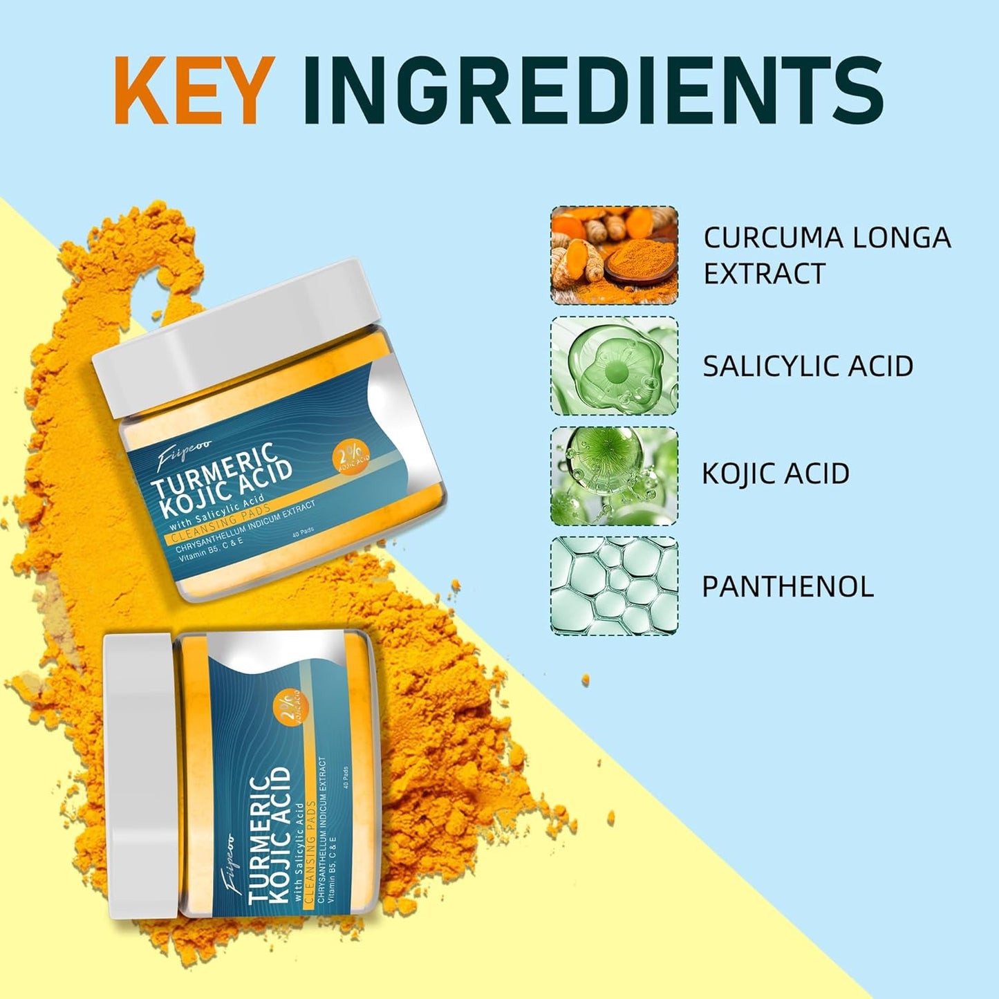 Turmeric Cleansing Pads with Kojic Acid - 80 Exfoliating & Hydrating Pads for Face