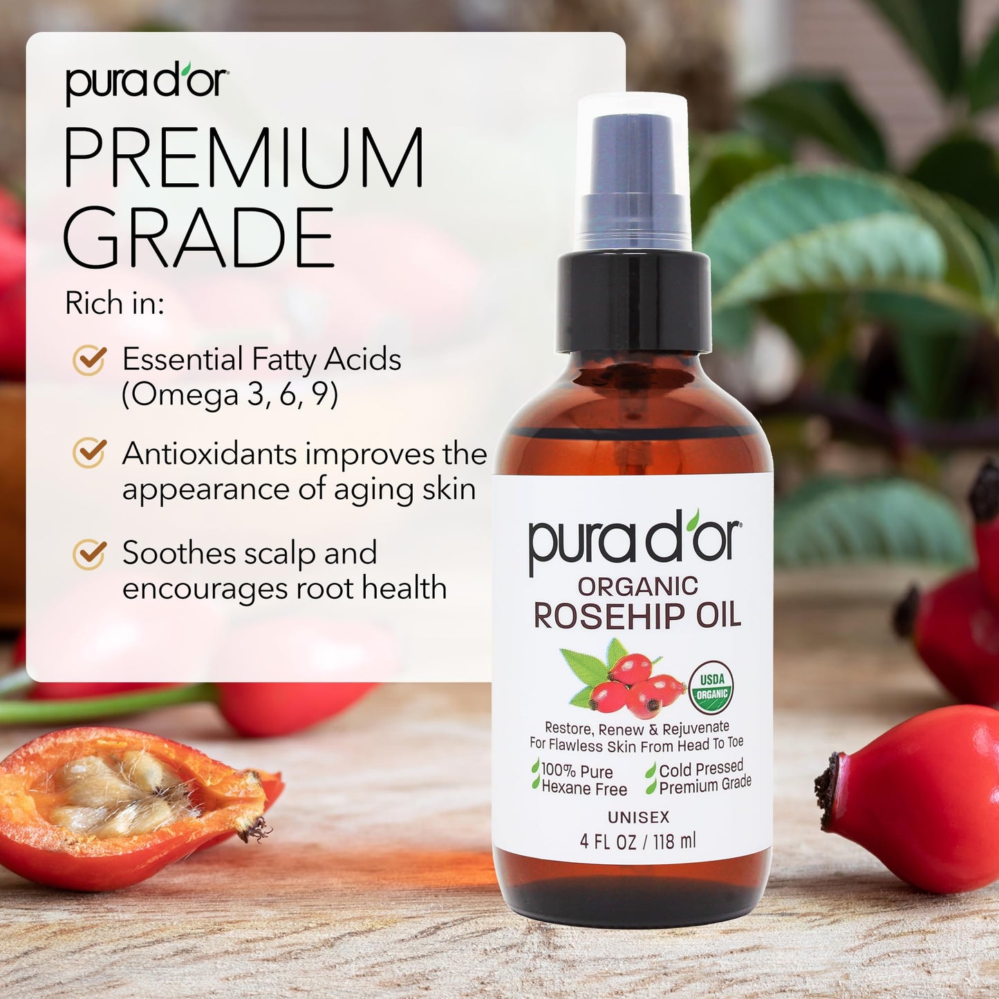 PURA D'OR 4 Oz ORGANIC Rosehip Seed Oil Hair Relaxer 100% Pure Cold Pressed USDA Certified All Natural For Anti-Aging, Scar Treatment, Face, Hair Relaxer & Skin Moisturizer - Women & Men