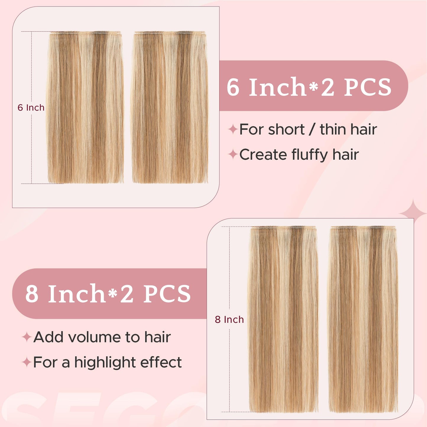 SEGO 4 Pcs Clip in Short Hair Volumizer Extensions Real Human Hair Natural Thick Hairpieces Toppers for Women With Thinning Hair Add Volume -#12P613 Golden Brown&Bleach Blonde