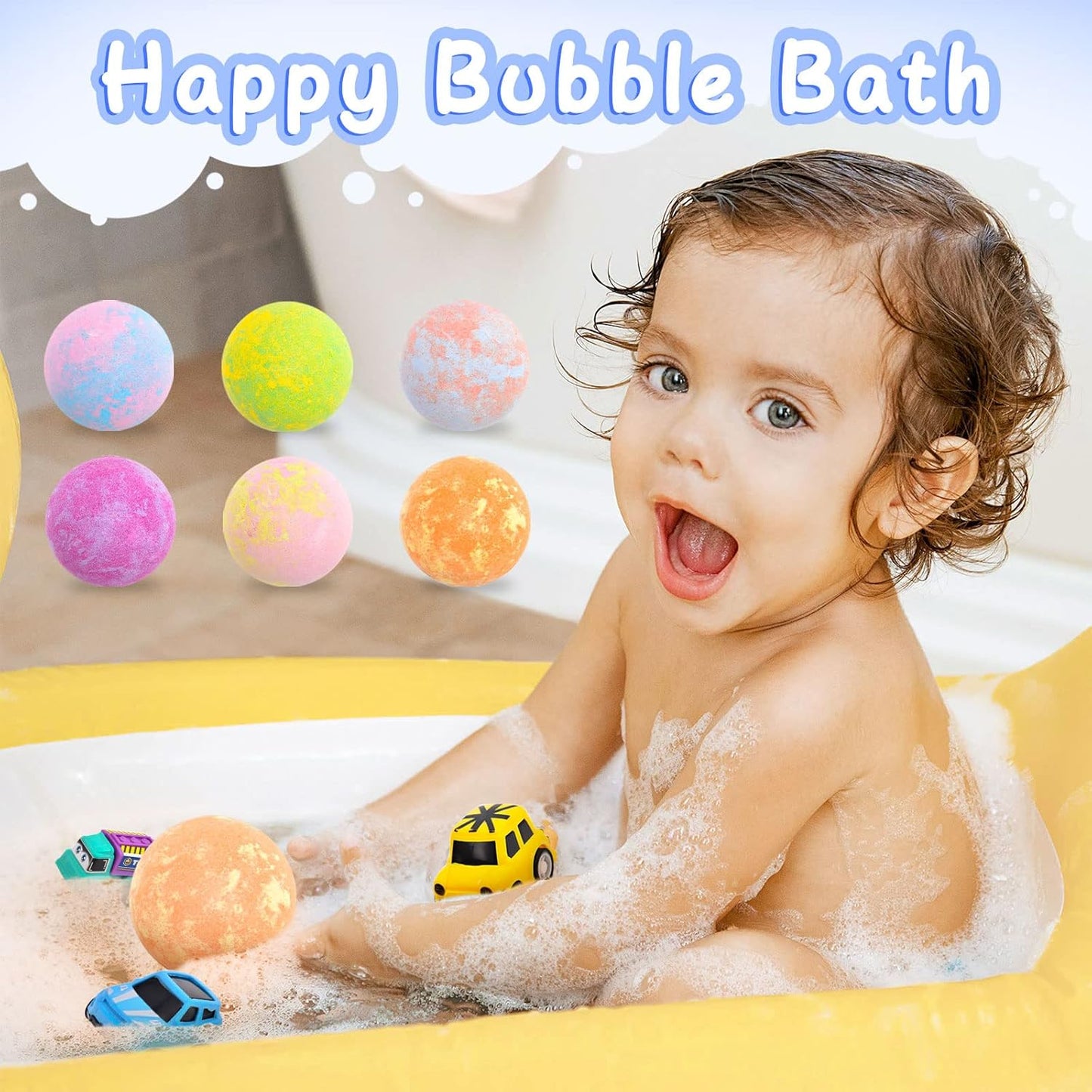 Natural Bath Bombs for Kids - 6 Pack Organic Colorful Foam Bubble Set & Pull-Back Cars - Perfect Christmas Gift for Toddlers