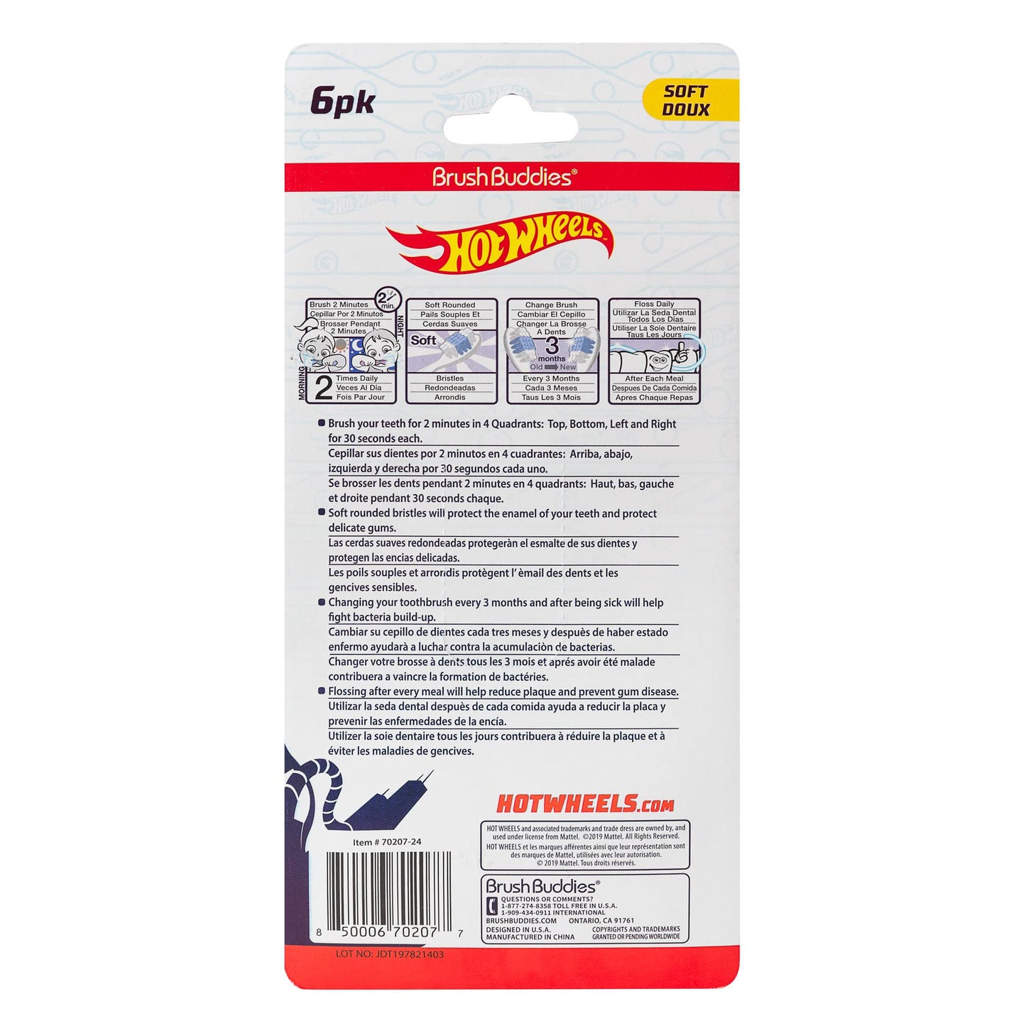 Brush Buddies Hot Wheels Toothbrush for Kids, Kids Toothbrushes, Toothbrush Pack, Soft Bristles for Kids, Toddler Ages 2-4, 6PK