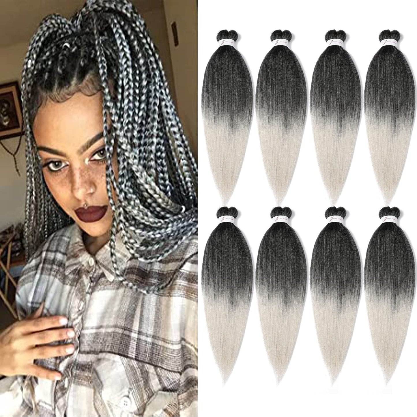 8 Packs 20-Inch Ombre Pre-Stretched Braiding Hair - Soft Yaki Texture Extensions