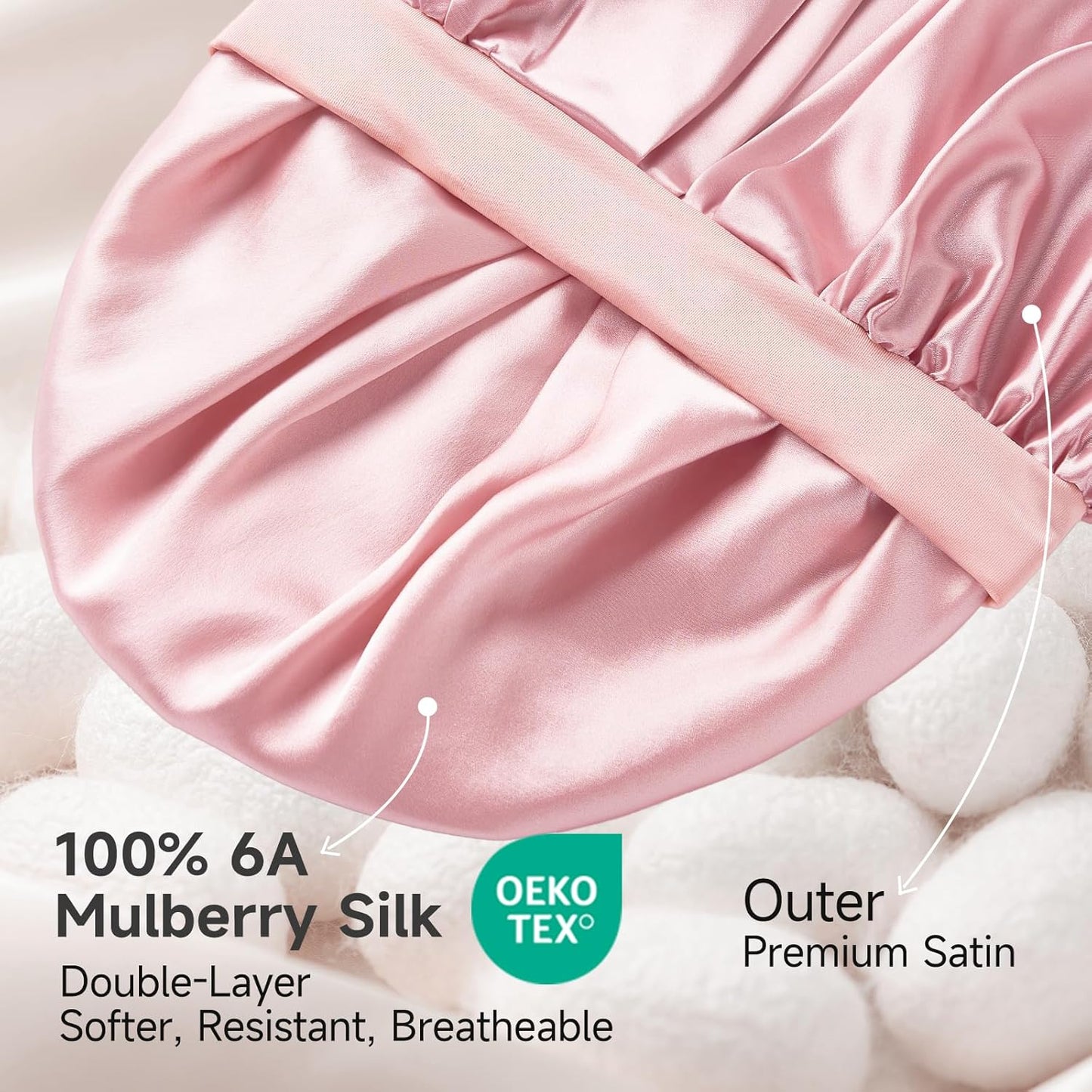 22 Momme Mulberry Silk Bonnet for Women - Double-Sided Non-Slip Sleep Cap for Long Curly Hair, Adjustable Band, Ebony