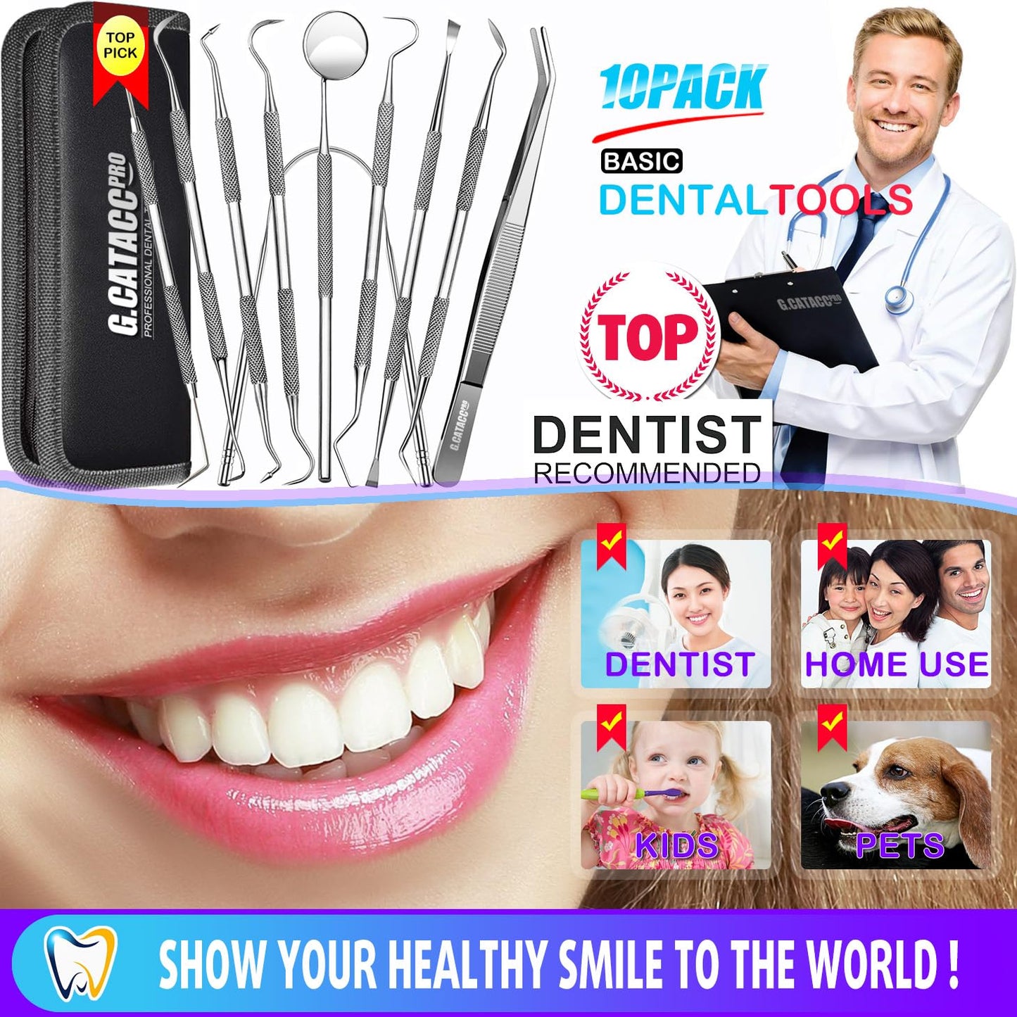 G.CATACC 10 Pack Dental Tools, Professional Plaque Remover for Teeth Cleaning Tools Set, Stainless Steel Hygiene Kit with Dental Pick Tooth Scraper Plaque Tartar Remover Tongue Cleaner - with Case