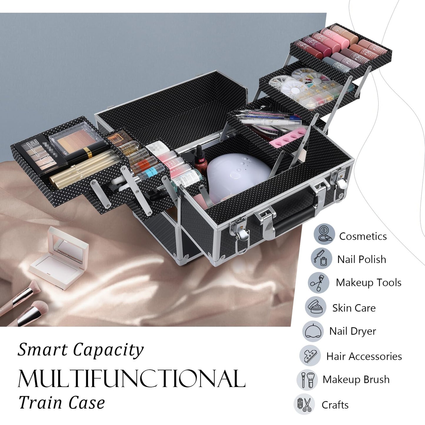 FRENESSA Makeup Train Case Makeup Case 11.8 Inch Large Cosmetic Box Organizer Travel Storage Professional Make Up Train Carrying Case with 6 Trays Locking Hard Vanity Storage Black