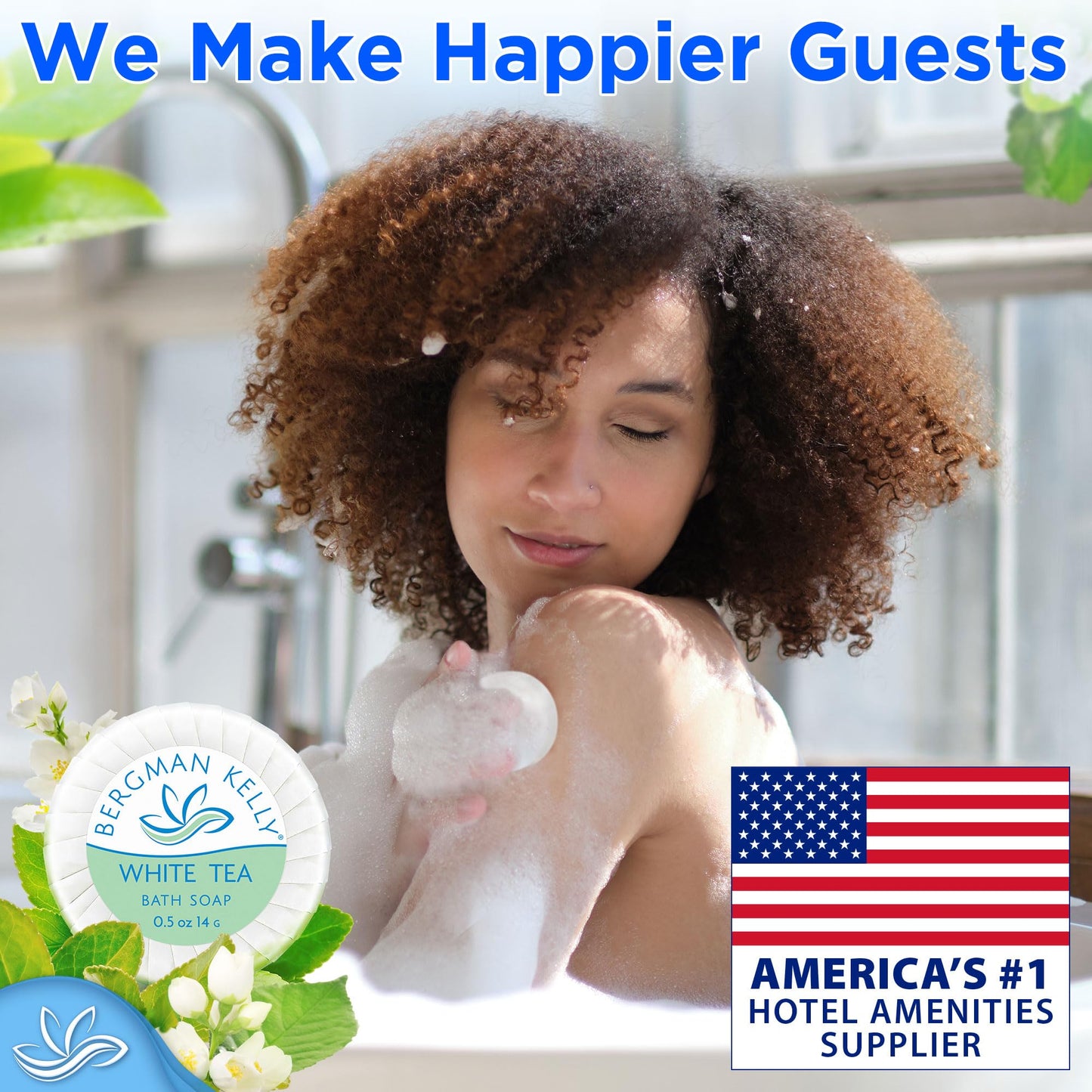 BERGMAN KELLY - Hotel Soap Bars - White Tea, 0.5 oz, 100 PK - Travel Size Luxury Bulk Amenities Bar Soap, Mini Individually Wrapped Round Soap - Small Toiletries for Airbnb, Motel, Guest Bathroom