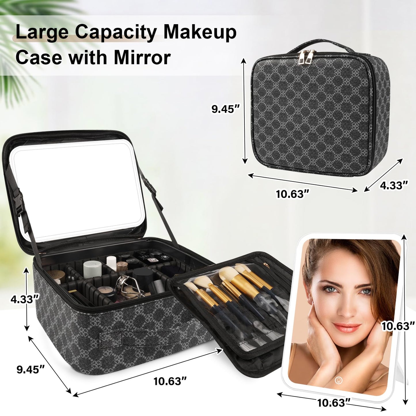 PEEH Makeup Bag with Lighted Mirror, Travel Make up Train Case with Adjustable Brightness Vanity Mirror and Detachable 10x Magnifying Mirror (Grey Clover)