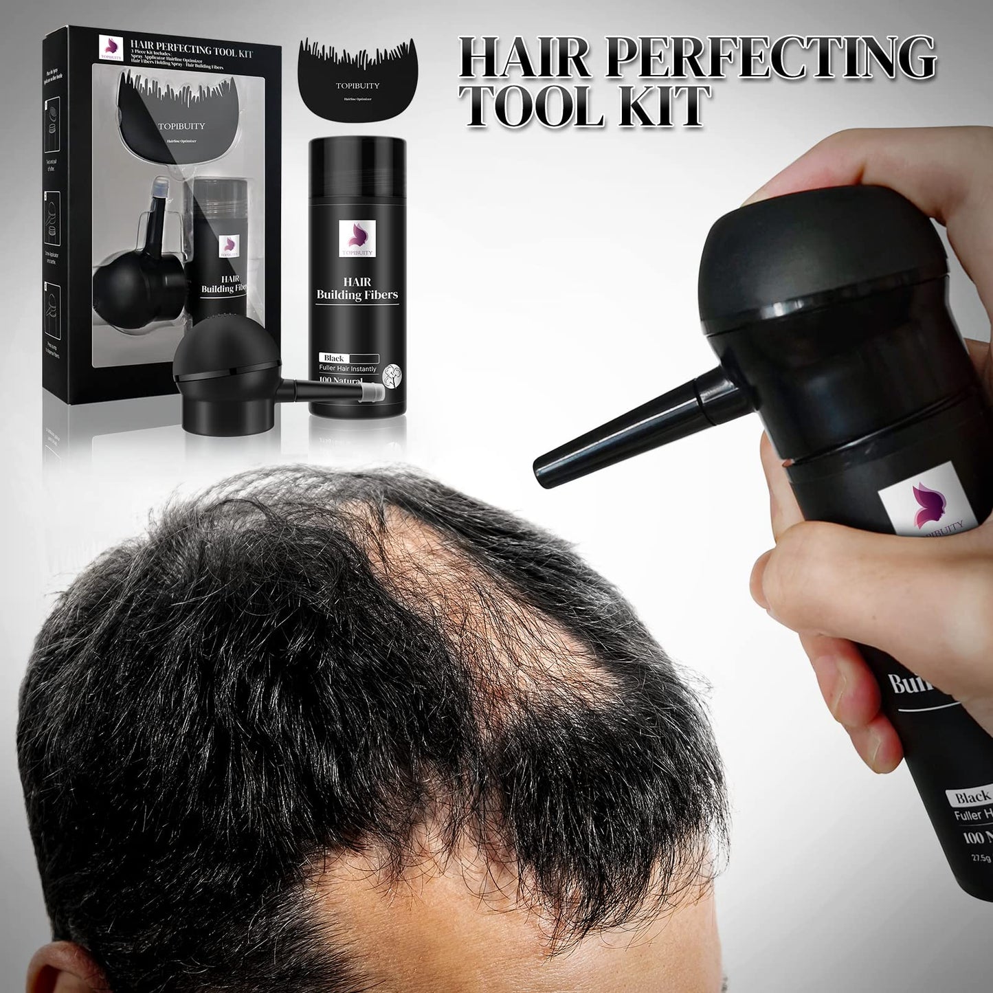 TOPIBUITY Hair Thickening Fibers & Applicator Set - Natural Long-Lasting Concealer for Fuller Hair, Thicker Beard & Crisp Hairlines (BLACK)