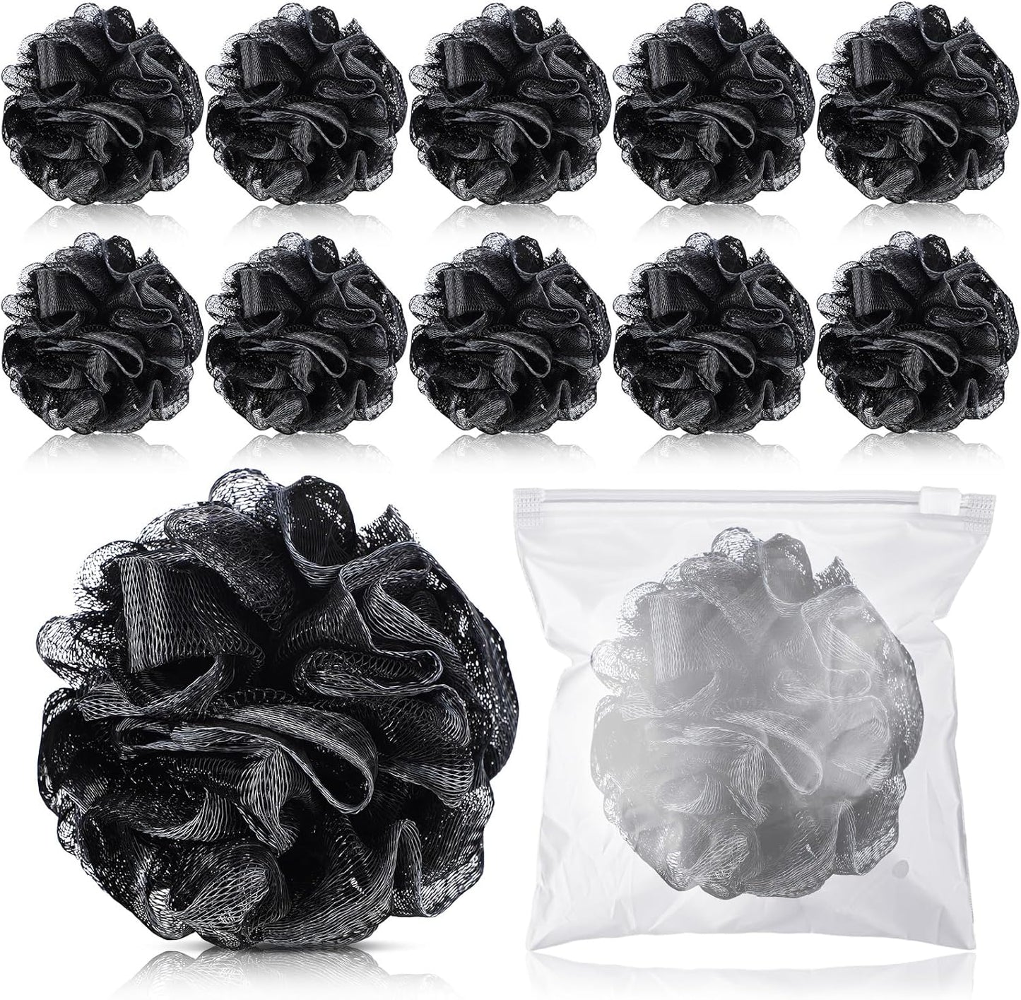 Travel Size Loofah Set - 12 Individually Wrapped Mini Bath Sponges with Case (Black, 25g)