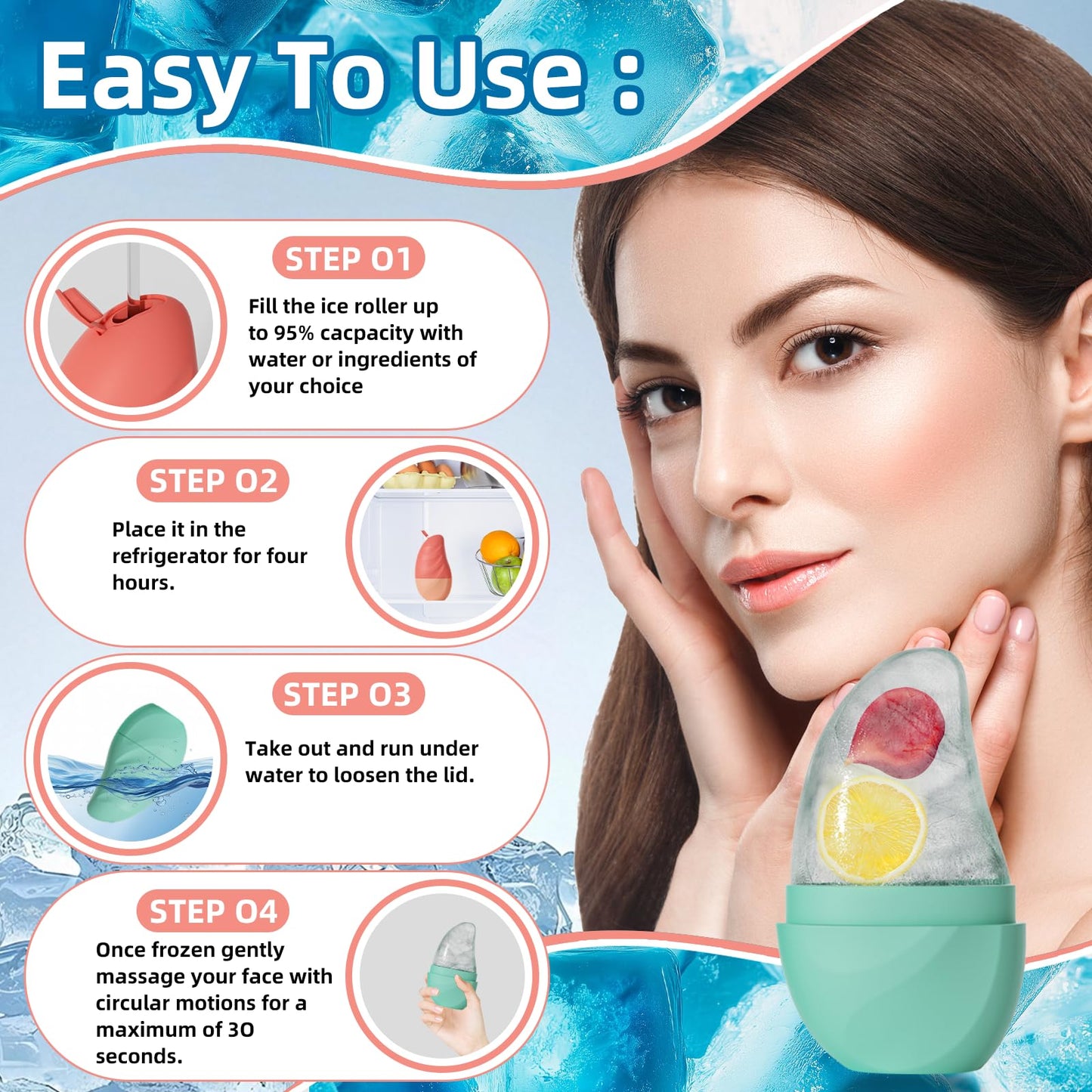 Silicone Facial Ice Cube Roller Massager, Facial Beauty Care Tool, Reusable Face Ice Mold - Brighten Skin, Reduce Puffiness (Rose Red)