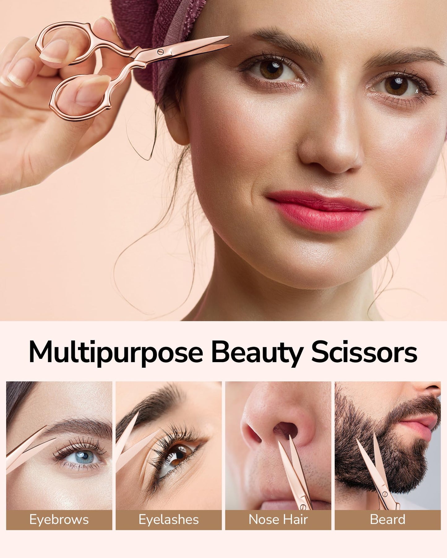 ULG Multi-Purpose Eyebrow Scissors Small Precision Grooming Kit for Women & Men – 3.7” Stainless Steel Beauty Scissors for Eyebrow, Eyelash, Nose Hair, Beard, Mustache with a PU Pouch, Rose Gold