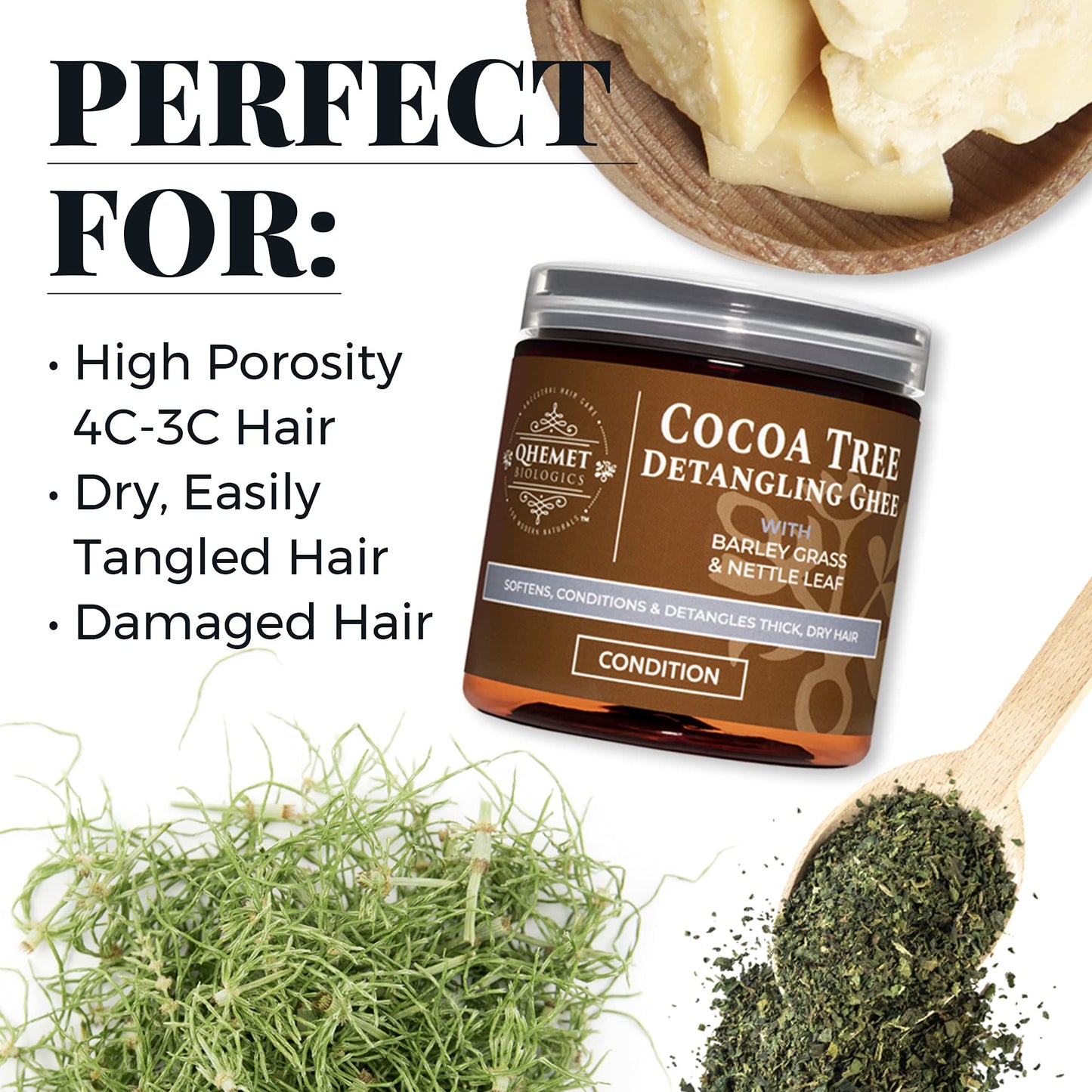 Qhemet Biologics Cocoa Tree Detangling Ghee - Softening Detangler Ideal for High Porosity 4C-3C Hair - Makes Combing Easier & Restores Pliability, Elasticity & Softness to Dry, Matted Hair (9 oz)