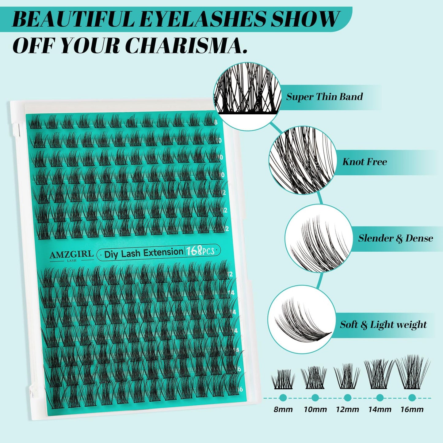 Lash Extension Kit,DIY Eyelash Clusters Kit 168Pcs with Lash Bond and Seal Glue Waterproof,Eyelashes Remover for Lash Cluster Extensions Kit for Beginner,Lashes Applicator Tool(Medusa,D-Mix8-16mm Kit)