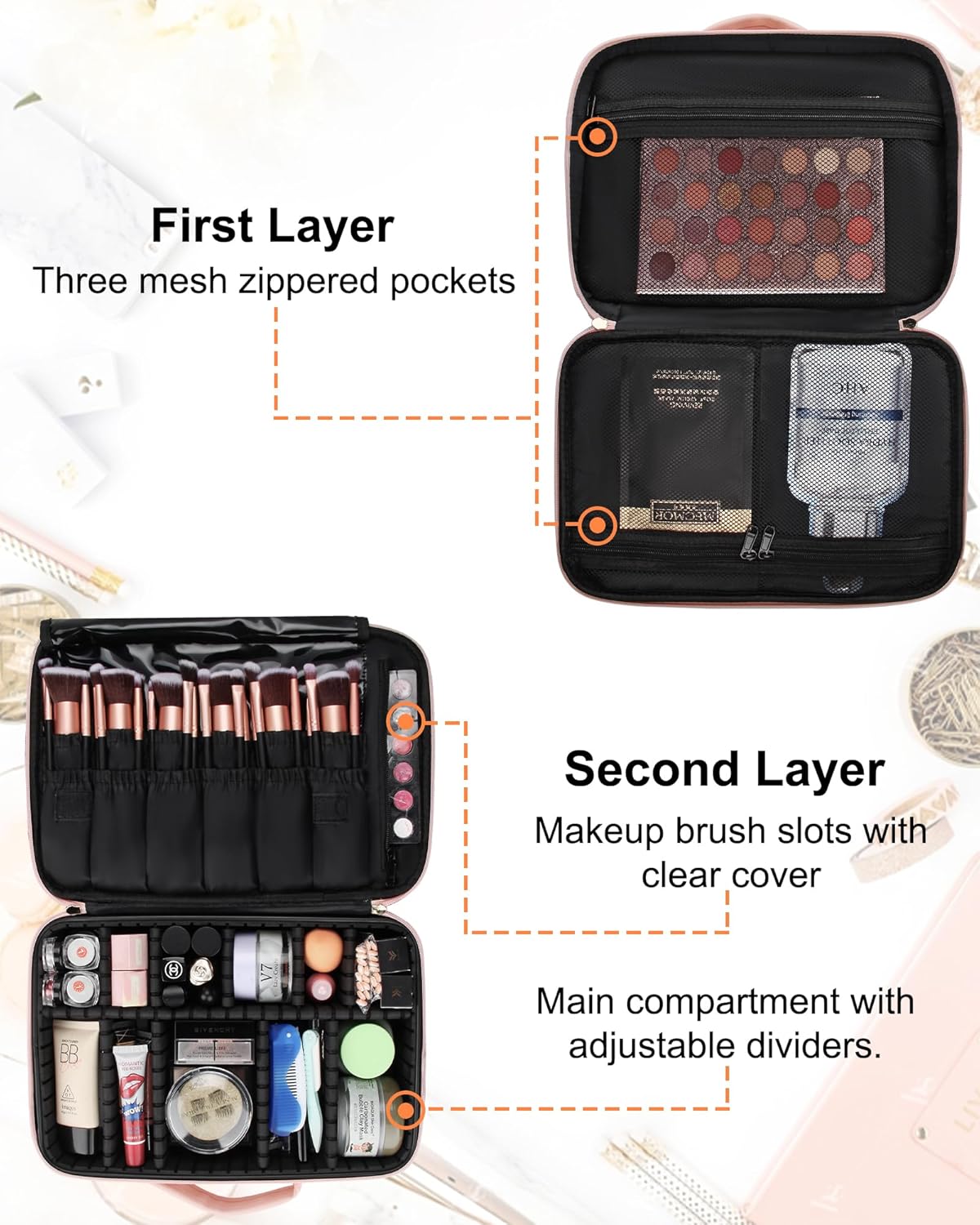 Relavel Portable Travel Makeup Case Organizer with Adjustable Dividers - Black Cosmetic Storage for Brushes, Toiletries & Jewelry