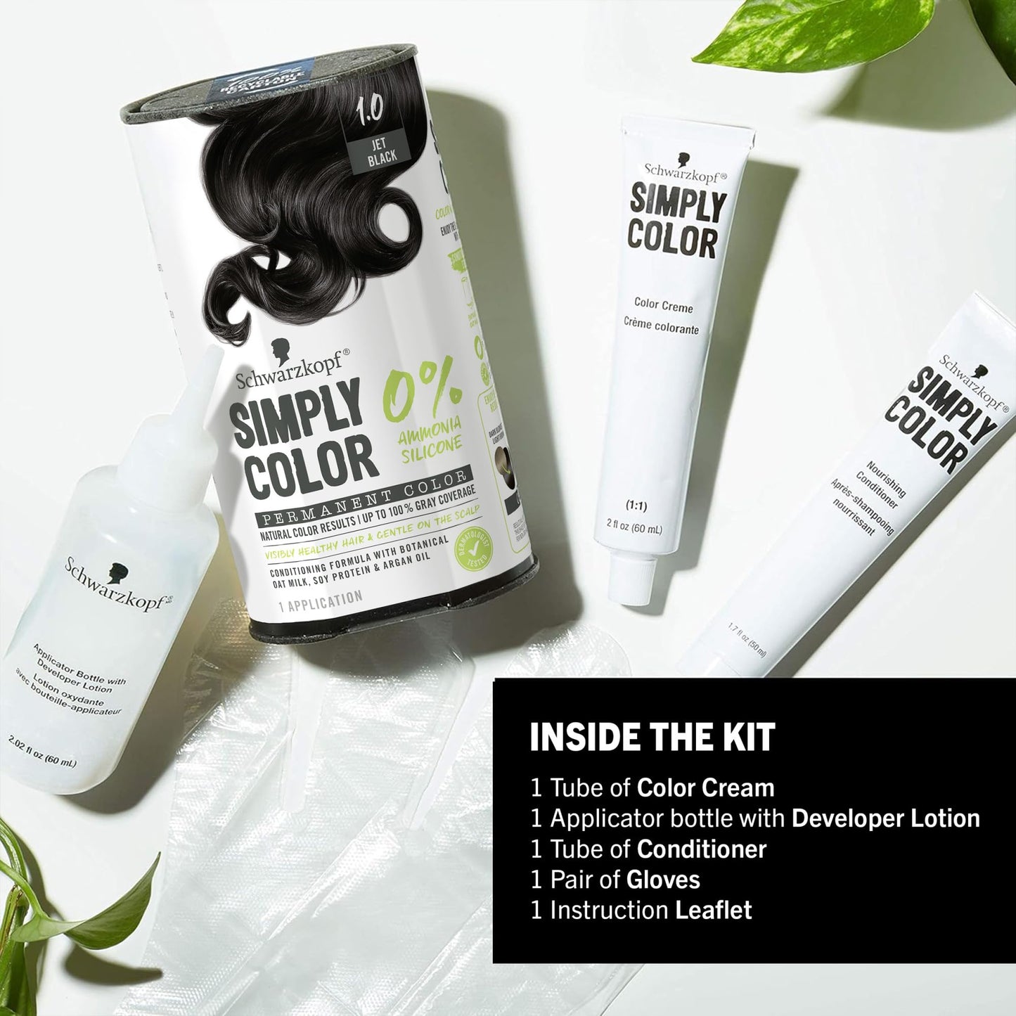 Schwarzkopf Simply Color Hair Color 1.0 Jet Black, 1 Application - Permanent Hair Dye for Healthy Looking Hair without Ammonia or Silicone, Dermatologist Tested, No PPD & PTD
