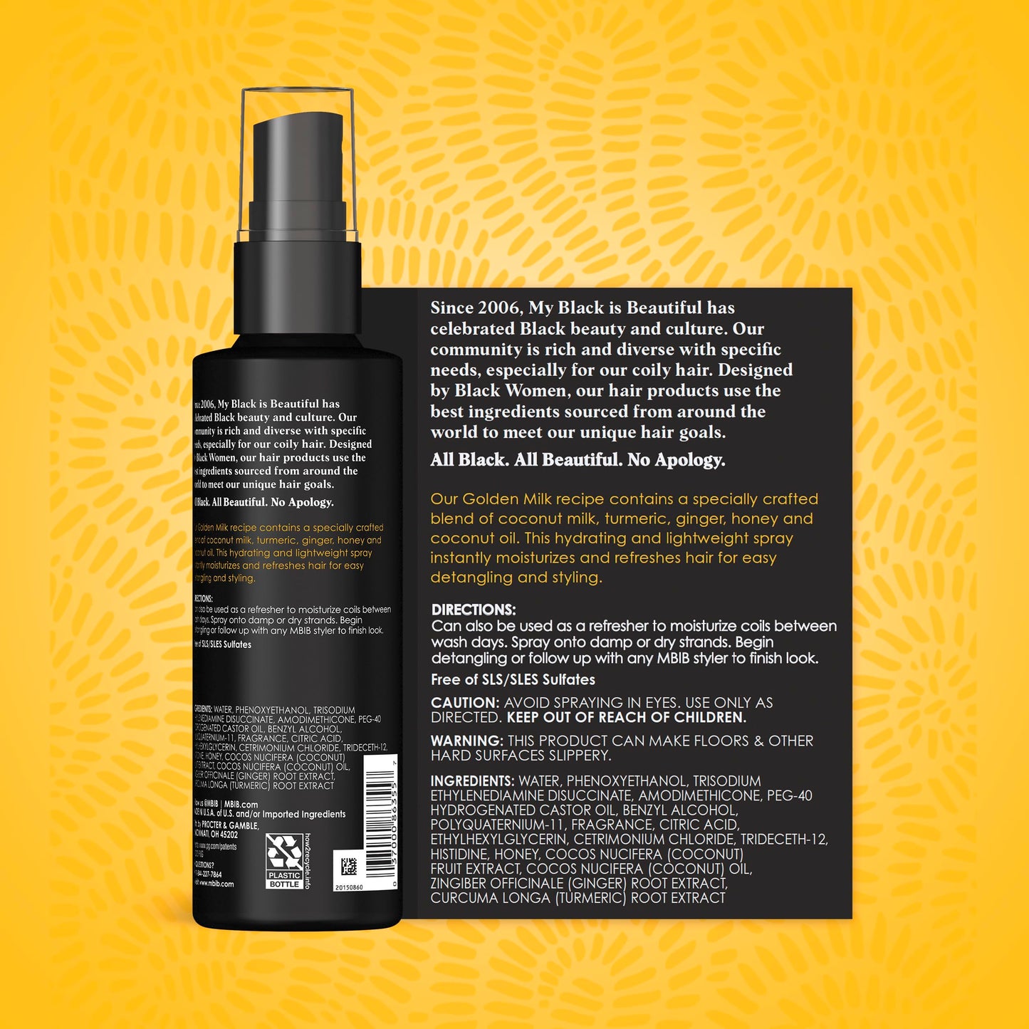 MY BLACK IS BEAUTIFUL Detangler Spray, Sulfate Free, for Curly and Coily Hair with Coconut Oil, Honey and Turmeric, 7.6 fl oz
