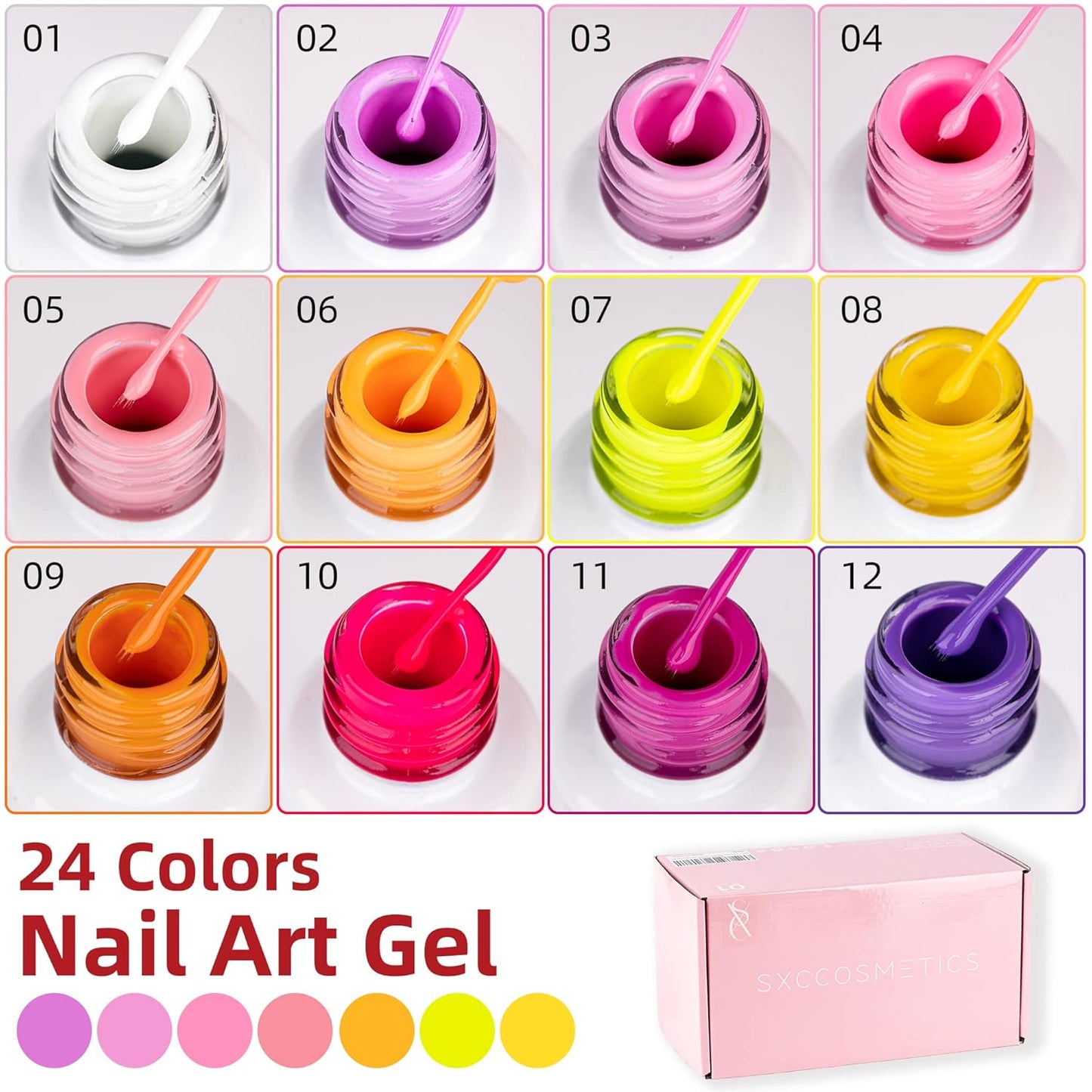 24-Color Gel Liner Set for Nail Art - SXC Cosmetics with Thin Brush for Swirl Designs