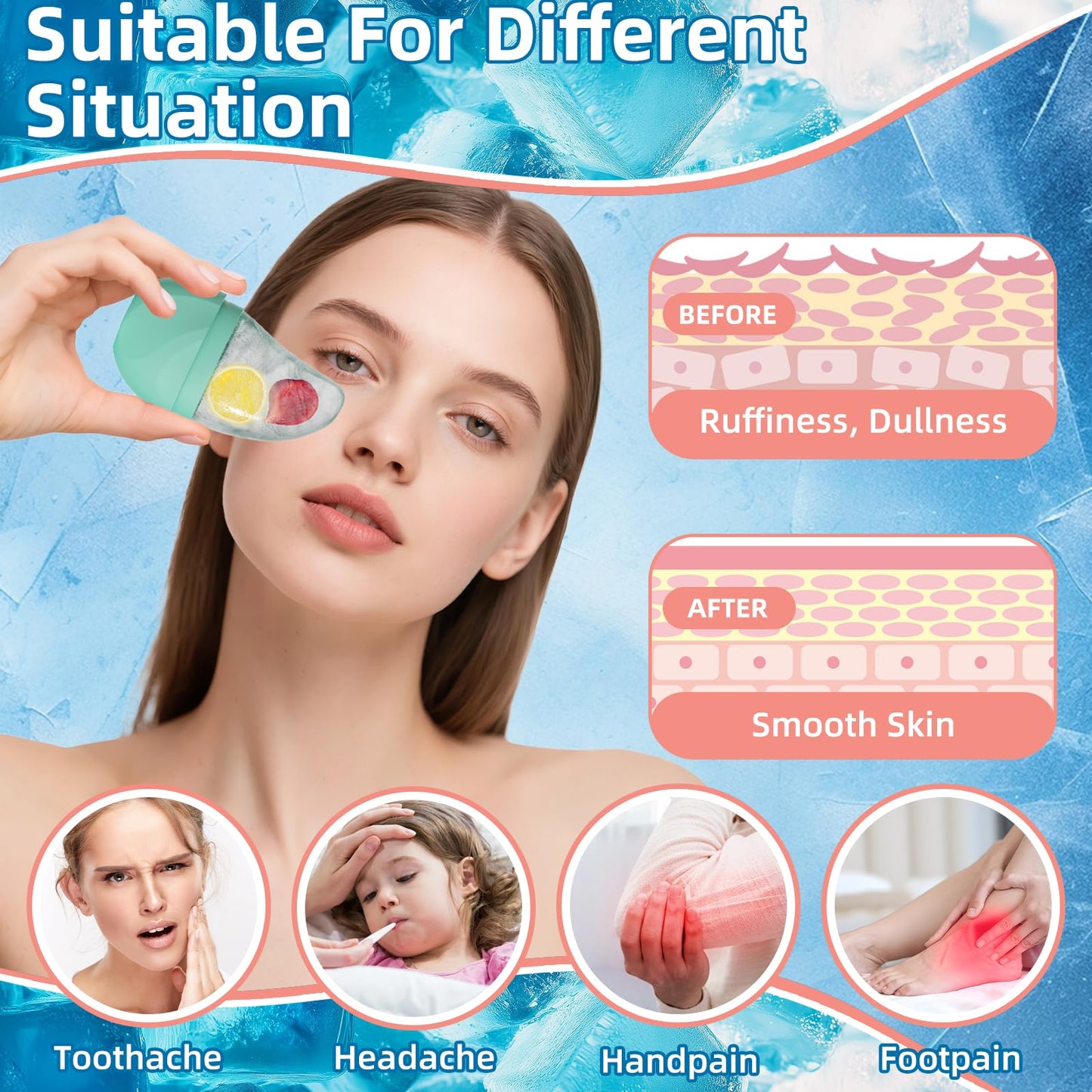 Silicone Facial Ice Cube Roller Massager, Facial Beauty Care Tool, Reusable Face Ice Mold - Brighten Skin, Reduce Puffiness (Rose Red)