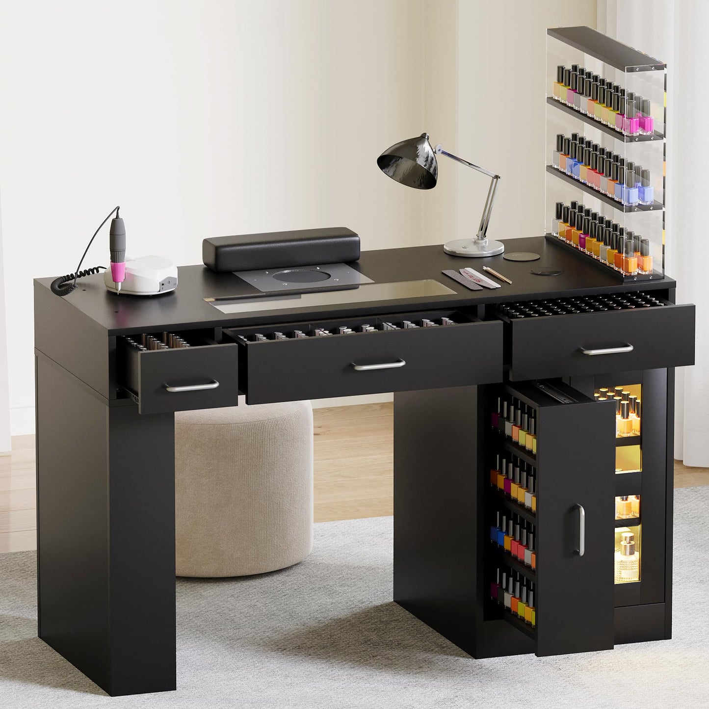 Kikihouse Manicure Table Nail Tech Desk w/Glass Top Drawer, Nail Tech Table w/Movable Shelves, Dust Collector, Wireless Charging, Cabinet, LED Lights, Acetone-Resistant Salon Workstation (Black)