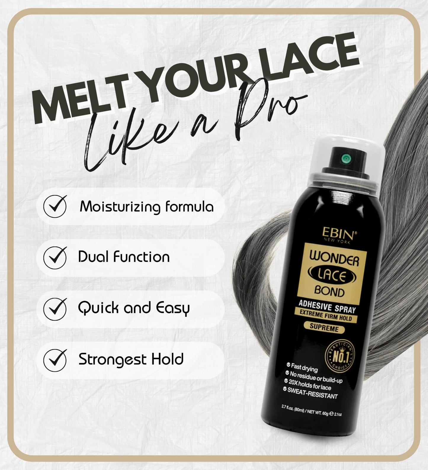 EBIN Wonder Lace Bond Spray Wig Adhesive Supreme 2.7 oz by EBIN NEW YORK β Strong Hold, Sweat Resistant, Clear Finishβ Lace Front Wig Spray Glue with Precision Nozzle for Seamless Application (1 Pack)