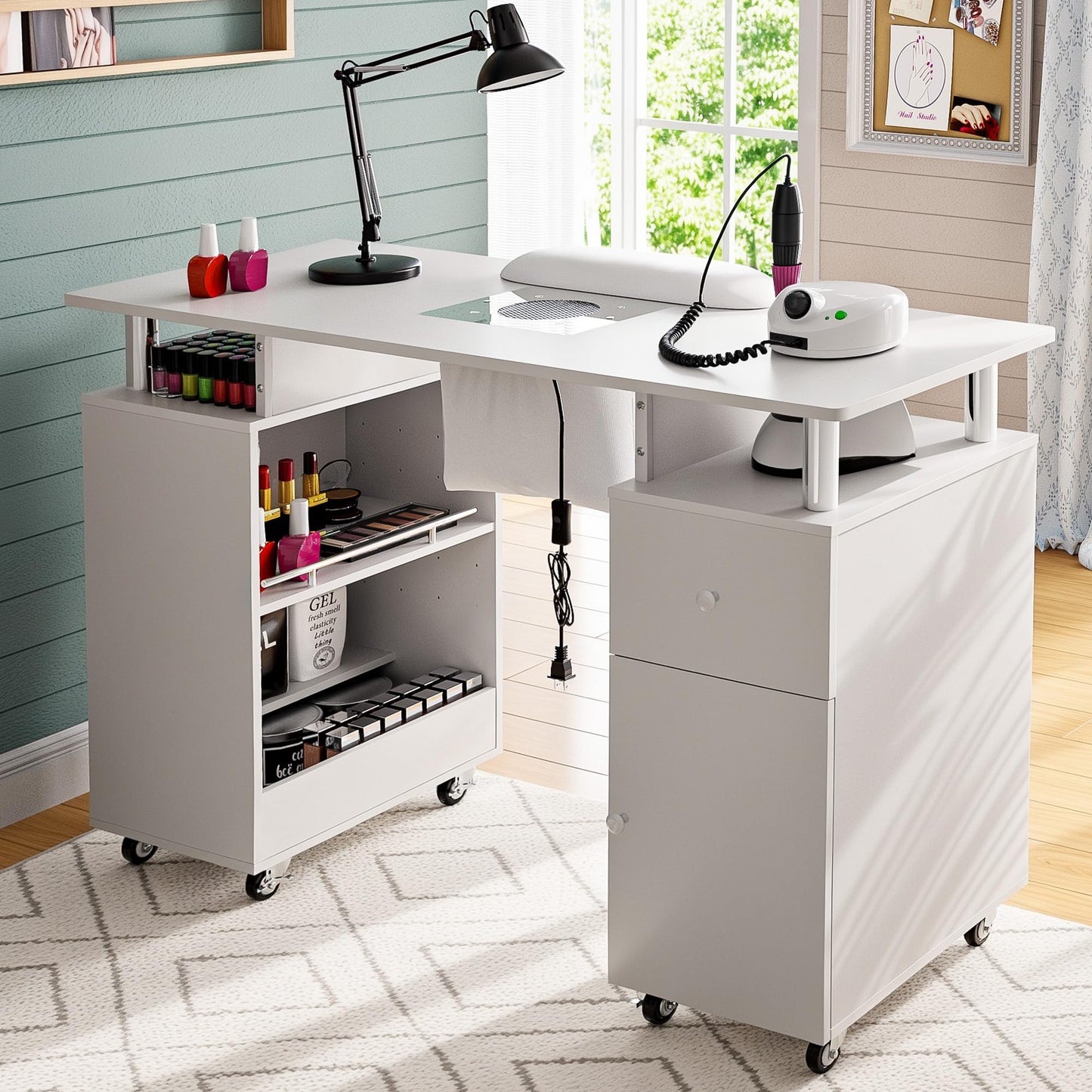 HolaiNail Manicure Table Nail Desk for Nail Tech, Acetone Resistant Beauty Salon Station with Dust Collector, Wrist Pad, Lockable Wheels, Drawer & Cabinet, White