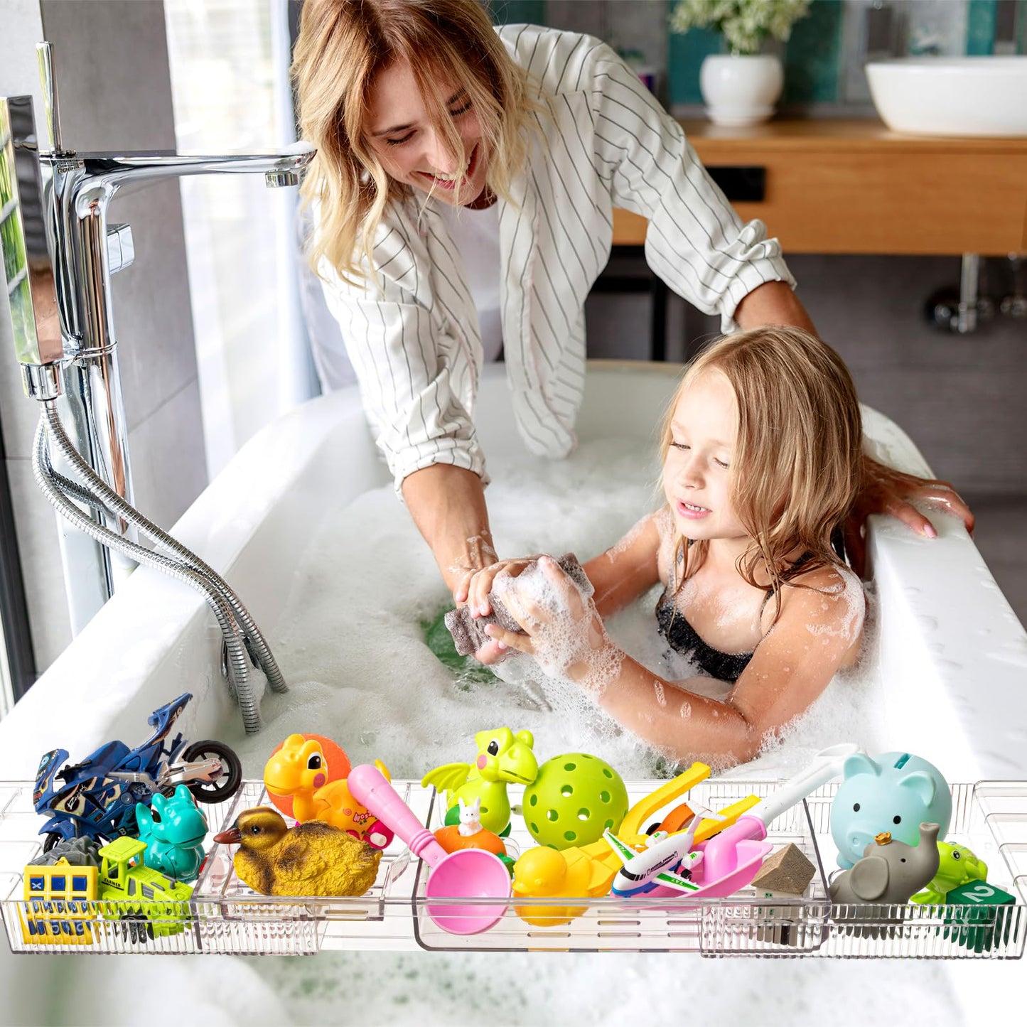 Honeydak Expandable Bath Toys Organizer Bath Toy Storage Basket Clear Acrylic Bathtub Tray with 3 Compartment Horizontal Large Openings Bath Toy Caddy Shelf Holder for Bathtub Toy Storage