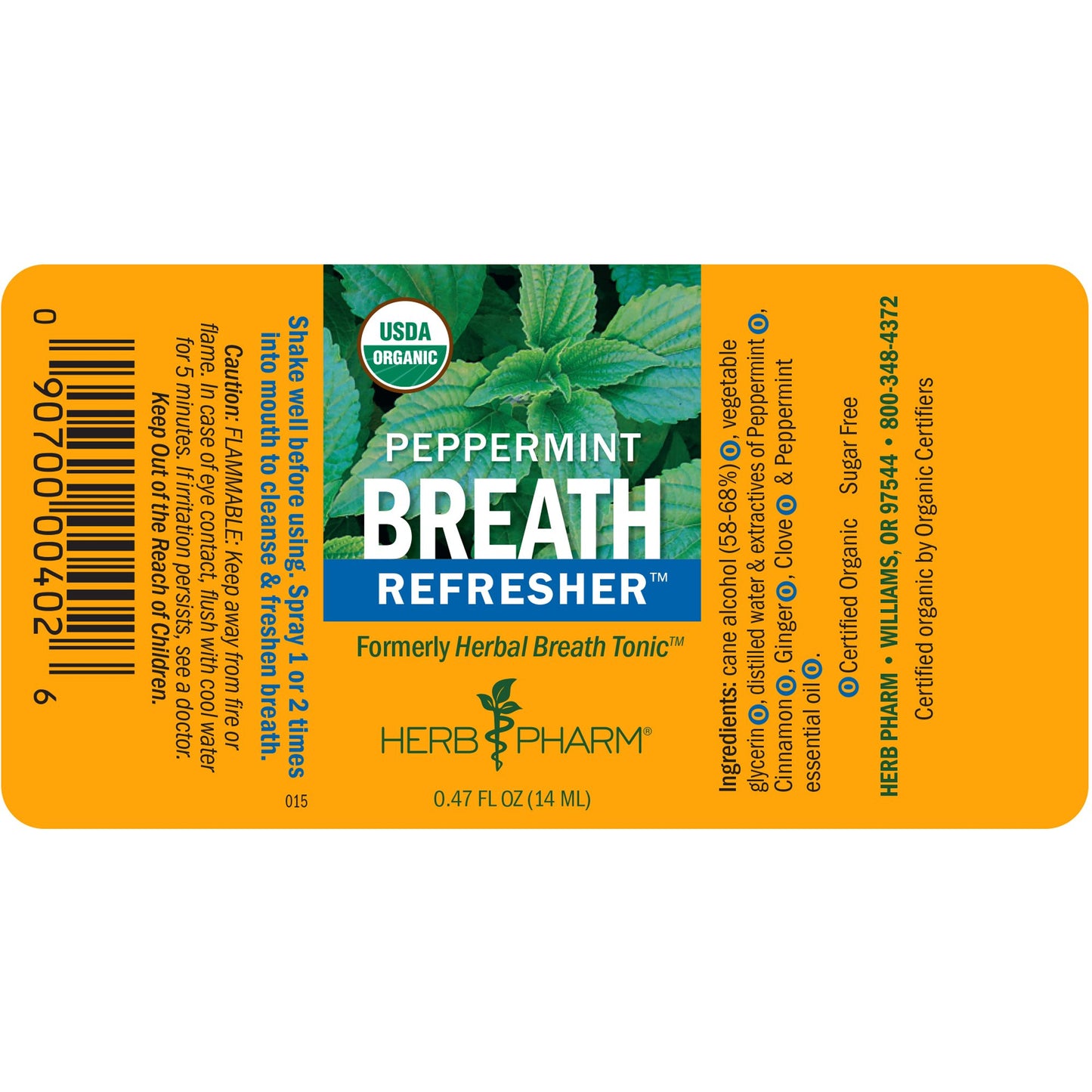 Herb Pharm Breath Refresher Certified Organic Herbal Fresh Breath Spray, Peppermint