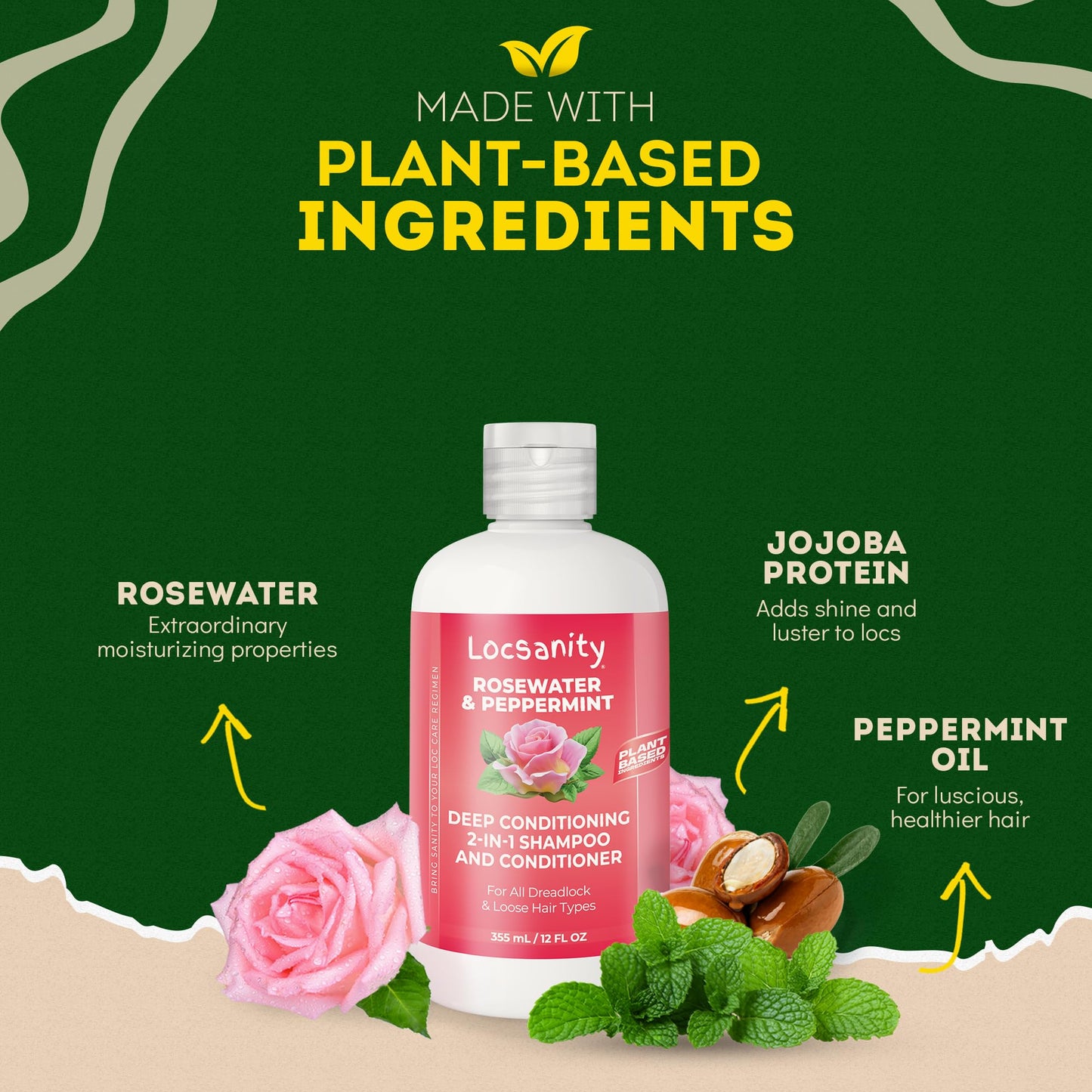 Locsanity Rosewater Peppermint 2-in-1 Shampoo and Conditioner for All Types of Dreadlocks and Hairstyles – Moisturizing, Nourishing, and Hydrating Shampoo and Conditioner (12 fl oz)