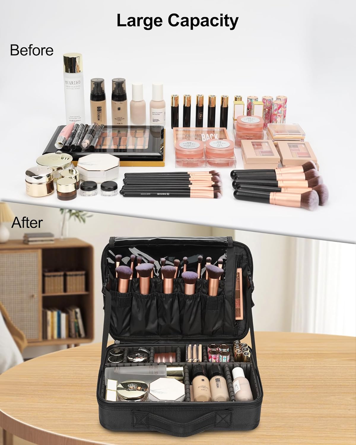 Relavel Portable Travel Makeup Case Organizer with Adjustable Dividers - Black Cosmetic Storage for Brushes, Toiletries & Jewelry