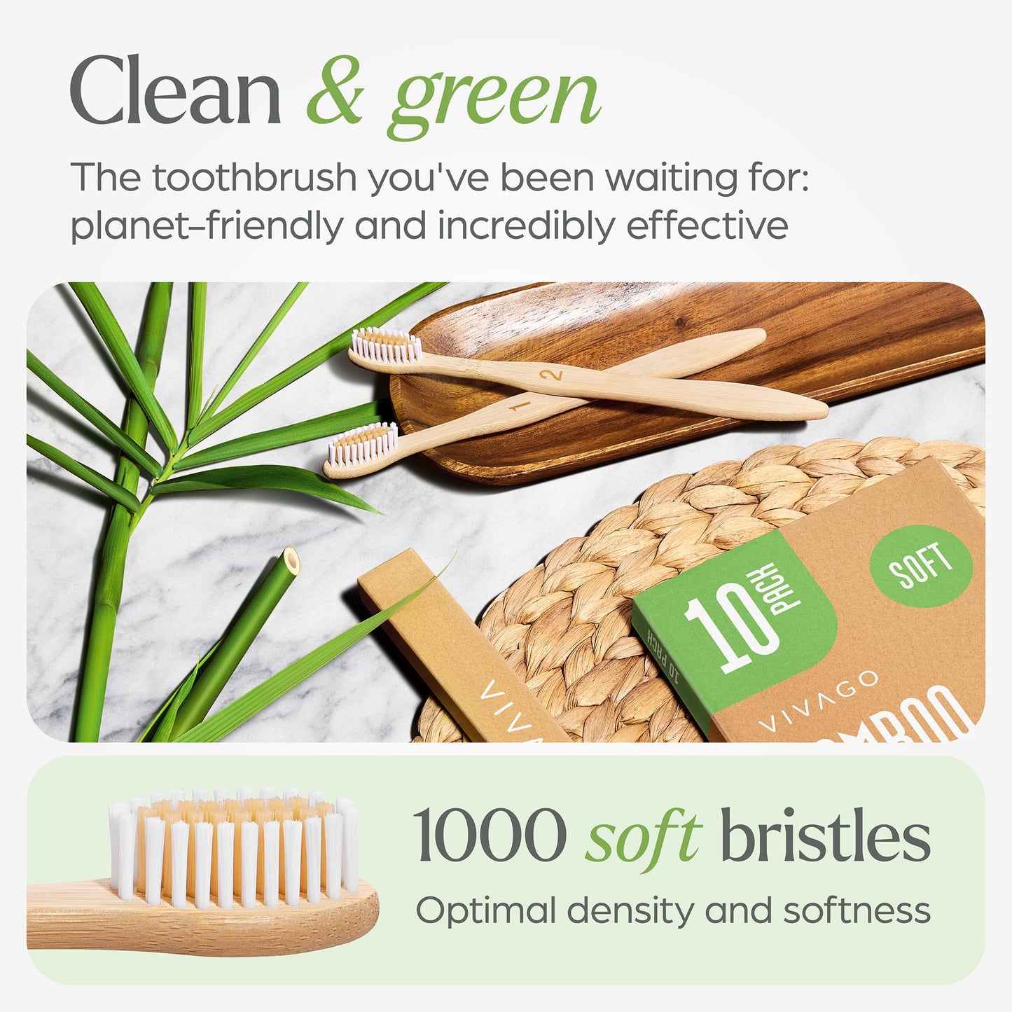 VIVAGO Bamboo Toothbrushes 10 Pack - BPA Free Soft Bristles Toothbrushes, Eco-Friendly, Natural Wooden Toothbrush