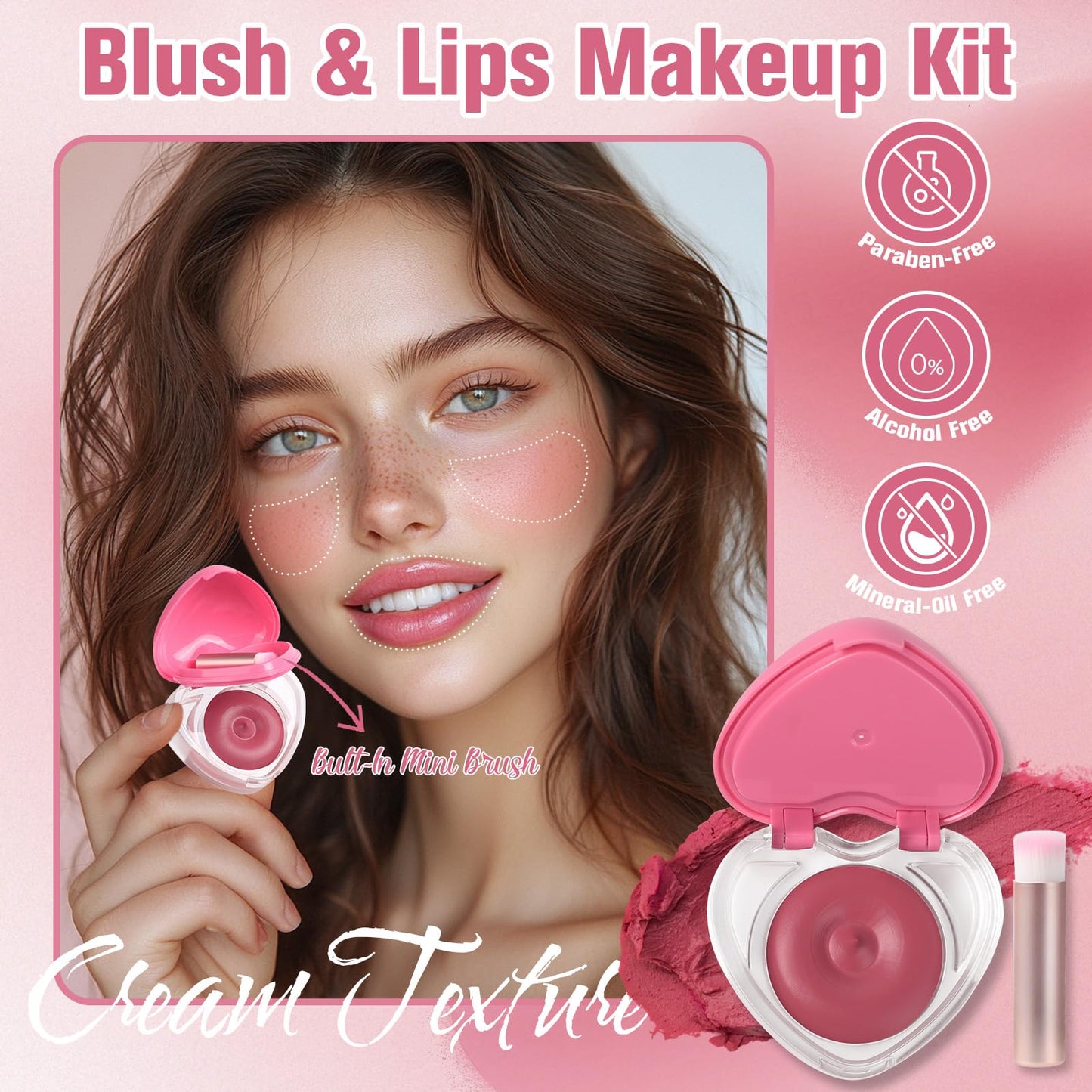 Heart-Shaped Cream Blush for Cheeks & Lips – 2-in-1 Tinted Lip and Cheek Balm Kit with Mini Brush – Blendable Dewy Blusher Face Makeup for Women, Portable Compact for Travel & On-the-Go Touch Ups 05